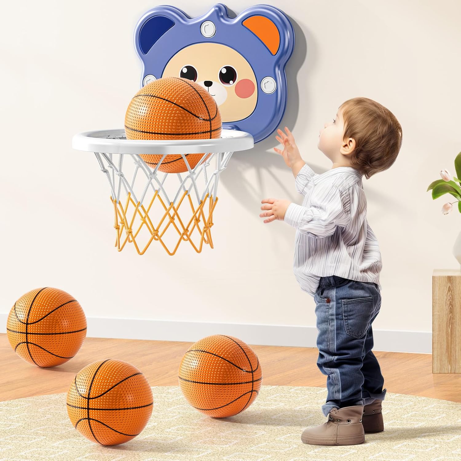TEMI Indoor Toddlers Basketball Hoop for Kids Age 2 3 4 5 6, Toddlers Basketball Hoop with 4 Inflatable Balls, Birthday Toys Gifts Boys 2 3 4 5 6 Years Old