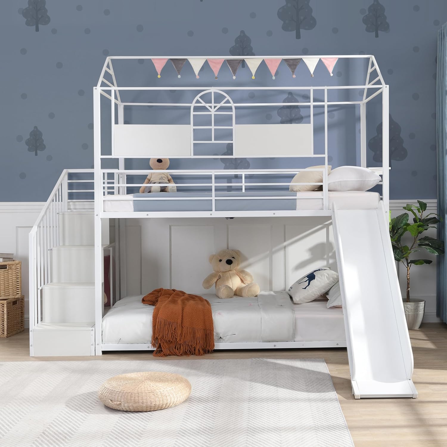AnyMark Bunk Bed Twin Over Twin, House Bunk Bed Frame with Slide, Storage Stair and Guardrail, Metal Bunk Bed for Kids (White)