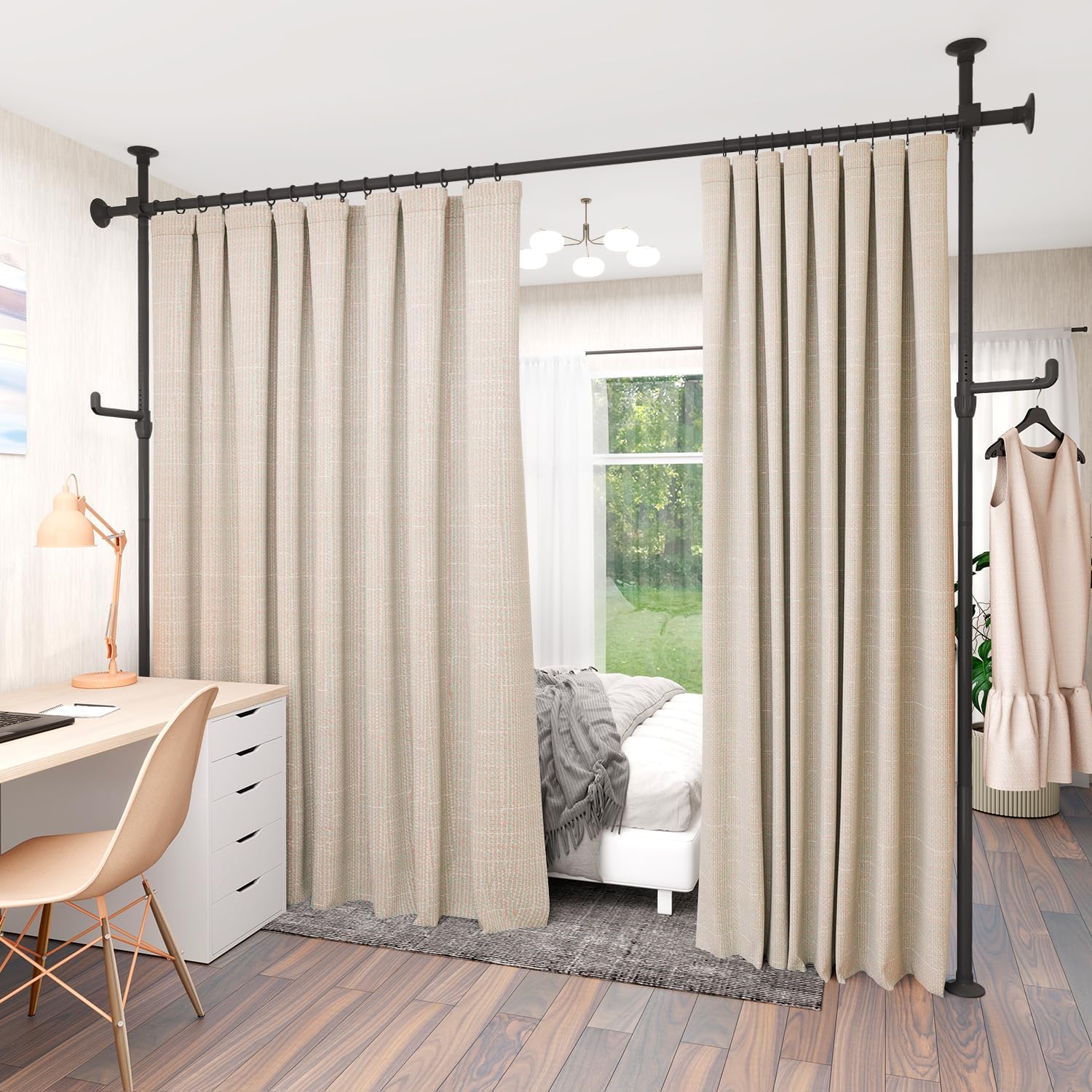 KELIXU Room Divider Curtain Rod No Drilling, 4-10ft (W) x 4-10ft (H) Room Partition with Hanging Hooks, Floor to Ceiling Divider for Room Separation, Adjustable Heavy Duty Tension Rods, Black