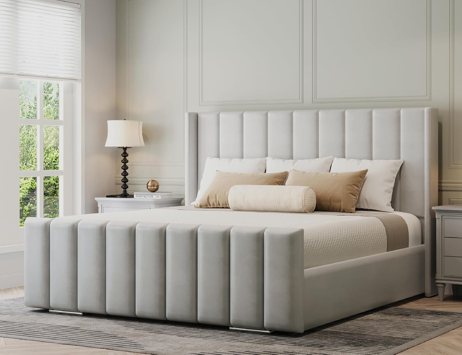 Wingback Panel Bed Frame in Plush Velvet Wood Slat Support – Easy To Assemble (Cream Plush, King 5ft)