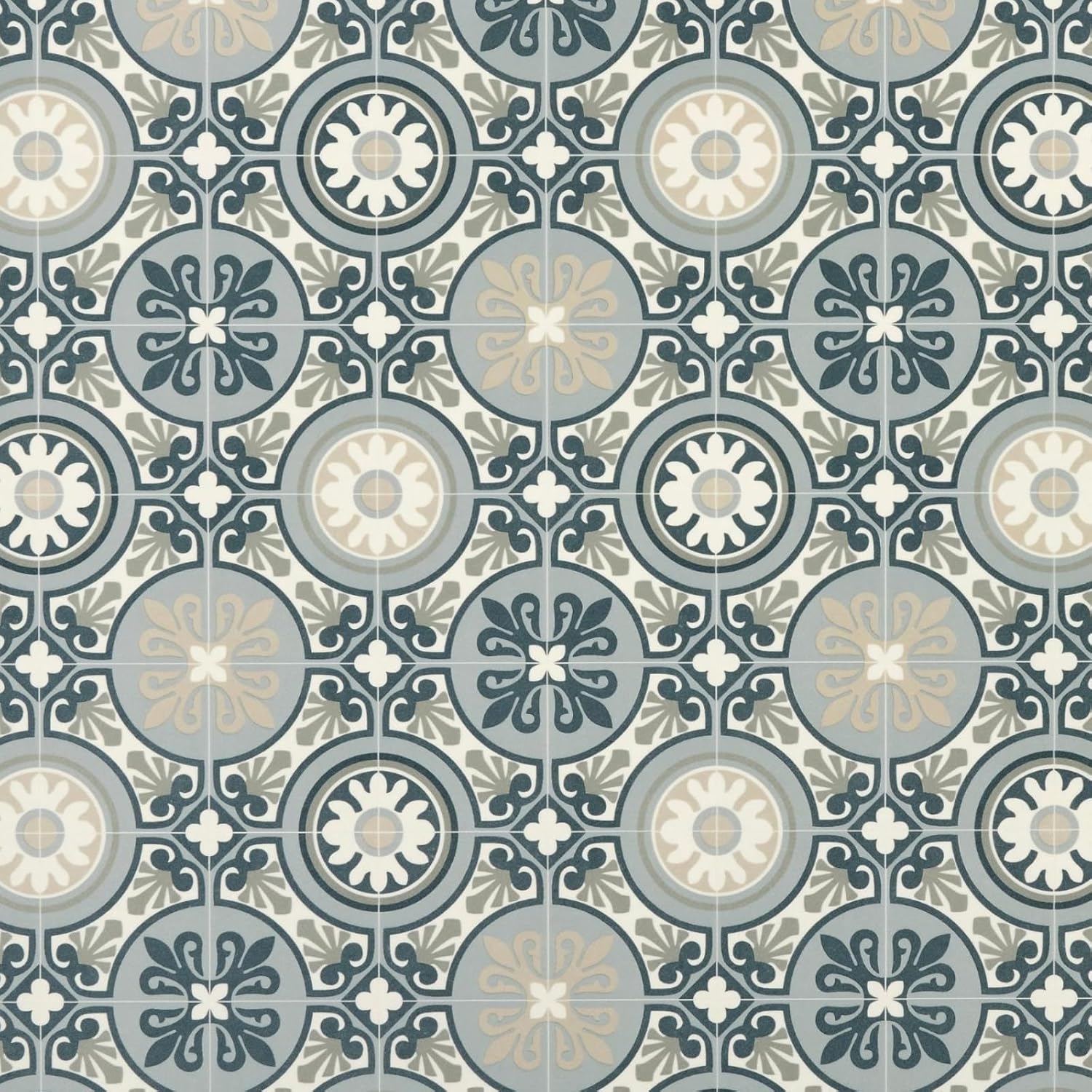 Moroccan Tile Design Felt Back Vinyl Flooring Sheet Blue Grey & Beige Patterned Non Slip Lino Conservatory Kitchen Bathroom Floor (Tangier 07, 2m x 3m)