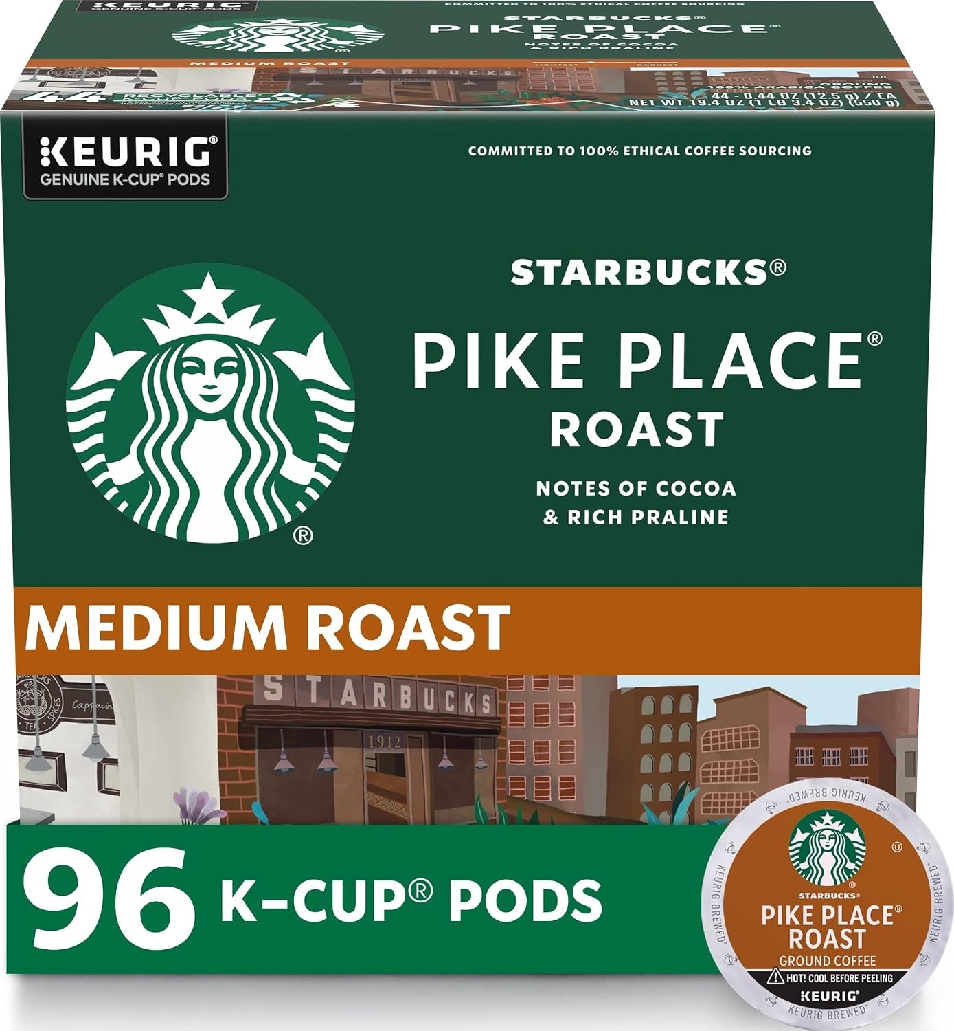 Starbucks K-Cup Coffee Pods, Medium Roast Hot or Iced Coffee, Pike Place Roast, 96 Keurig Pods 