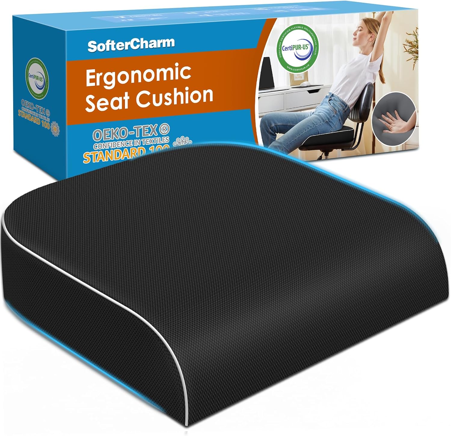 Seat Cushion, Memory Foam Office Chair Cushion, Black, Large