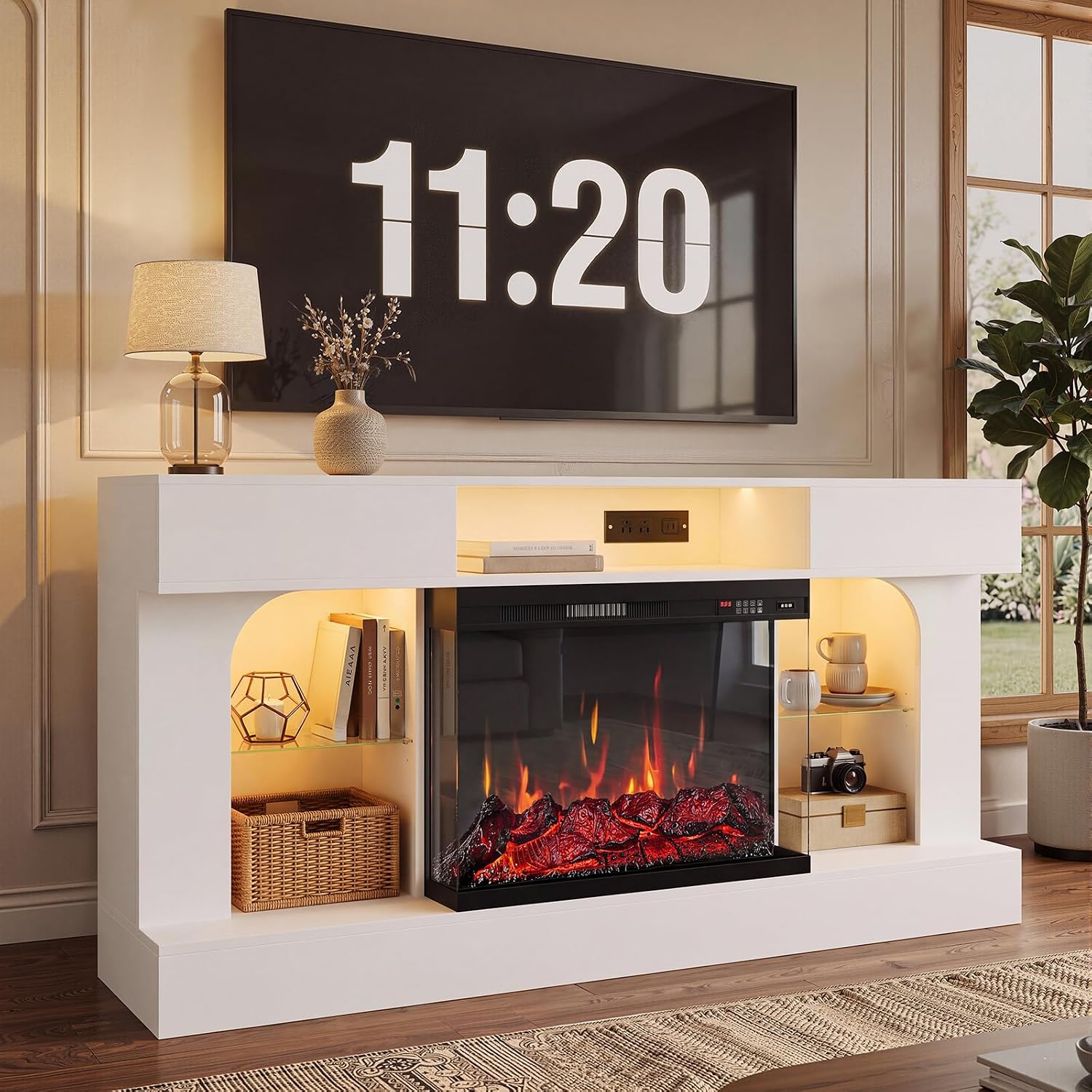 58" Modern Fireplace TV Stand,3-Sided Glass Electric Fireplace,White&Black