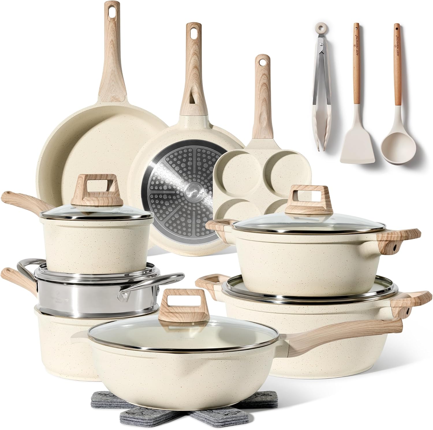 JUST PERFECTO Pots and Pans Set Non Stick, Induction Hob Pan Set, Saucepan Set, Non Stick Frying Pan Set with Lid, Stock Pot, Deep Frying Pan, Pots and Pans Set Granite Cookware Set (21 Pcs Biege)