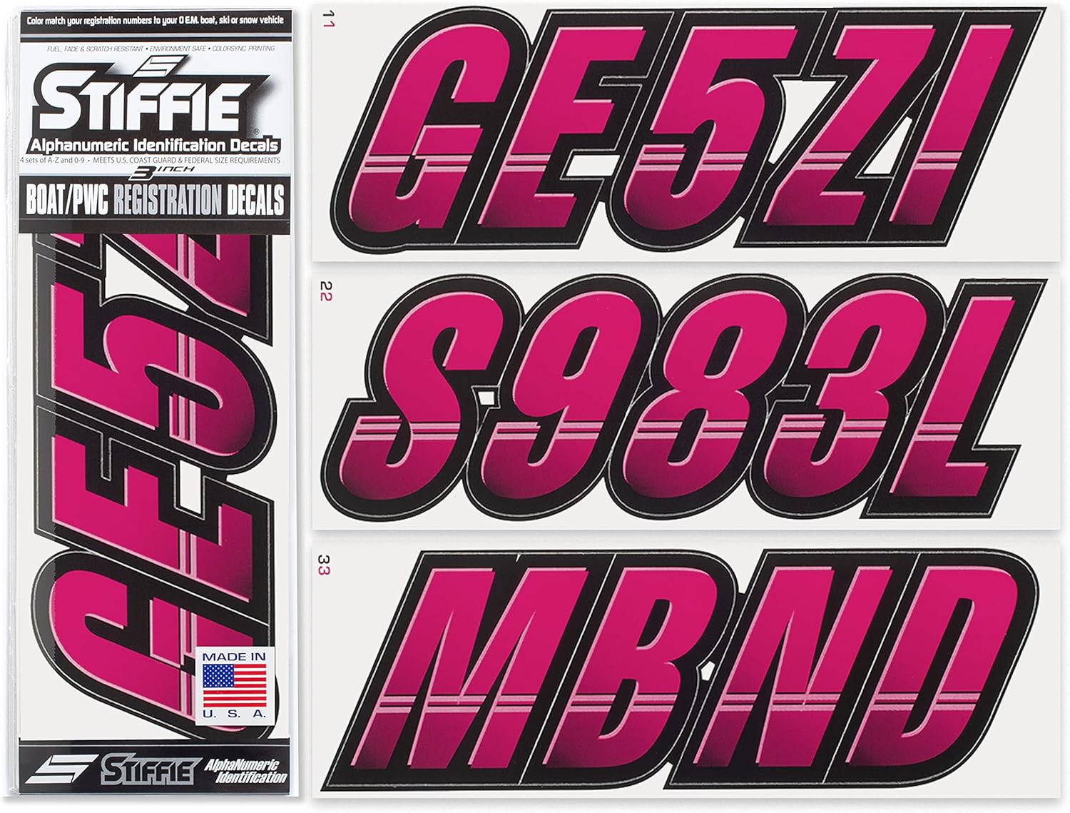 STIFFIE Techtron Berry/Black 3" Boat & PWC Registration Decals • Numbers Letters Stickers