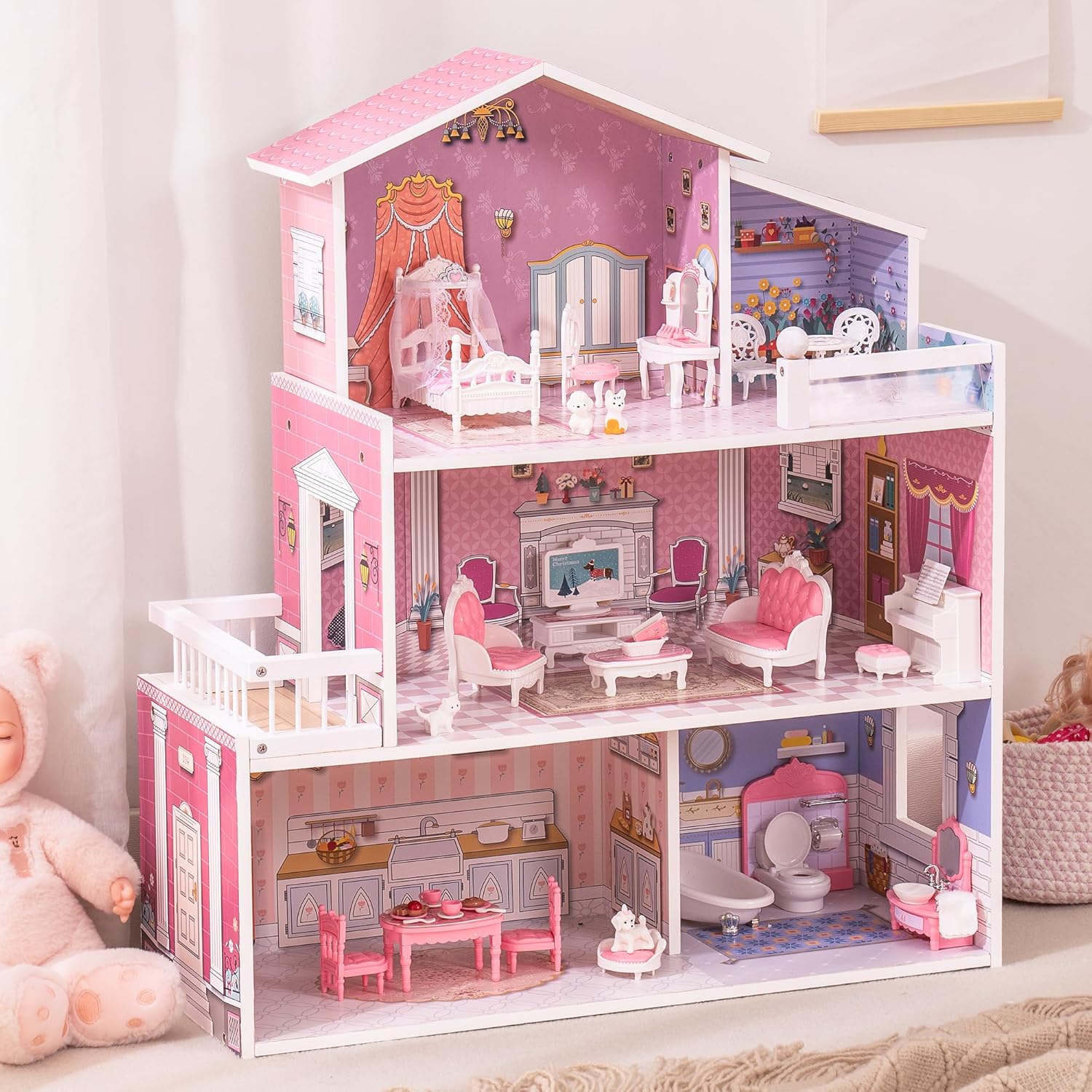 ROBUD Wooden Dollhouse Playset, 3 Stories, 5 Rooms, 24 PCS Furniture, Pretend Play Toys Gift for Kids Toddlers Girls