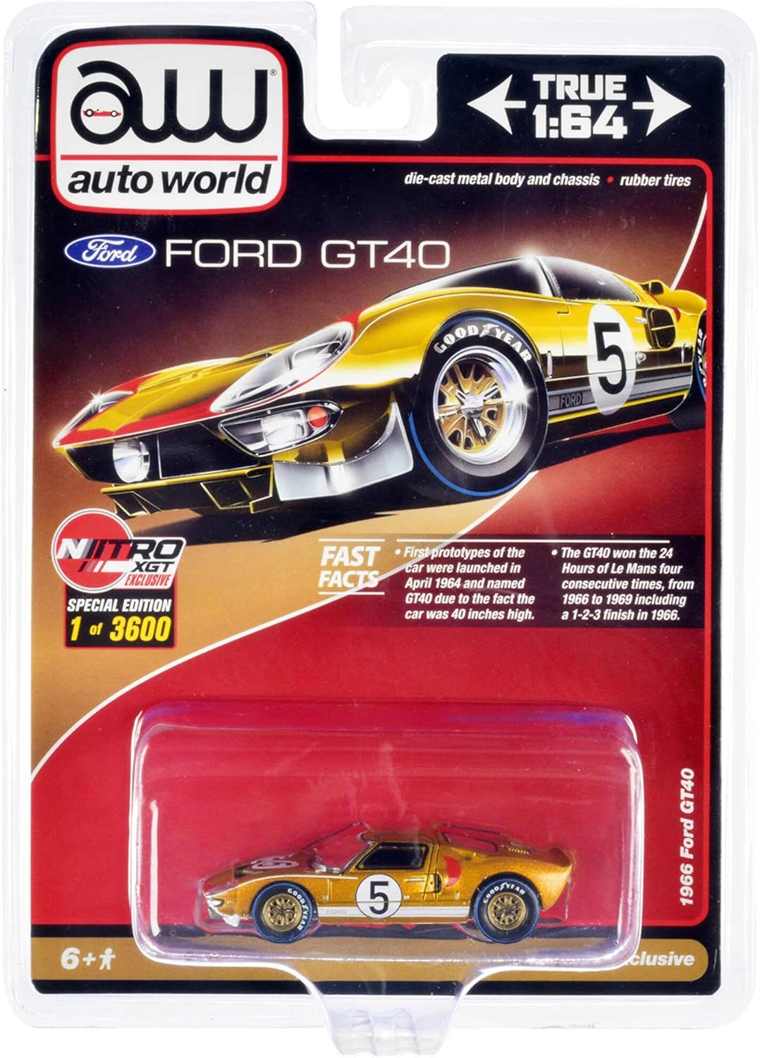 1966 Ford GT40#5 Gold Limited Edition to 3600 Pieces Worldwide 1/64 Diecast Model Car by Auto World CP7923