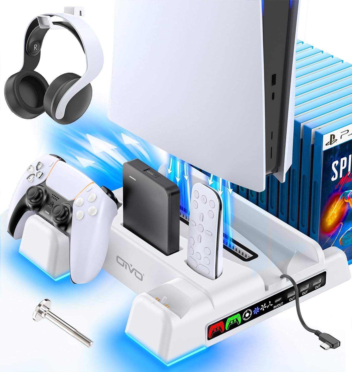 PS5/Slim/Pro Stand and Cooling Station with LED Controller Charging Station for PlayStation 5 Console, Controller Charger, Cooling Stand, PS5/Slim/Pro Accessories Kit with 3 Level Cooler Fan