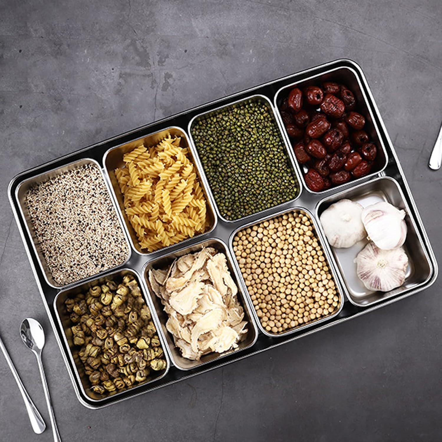 KIMISS Box Seasoning Organizer Box 8 Grids Aluminium Alloy Jars Spices Container Set Rack with Lids And Spoons for Salt Snacks Flour Dry Goods Fruits