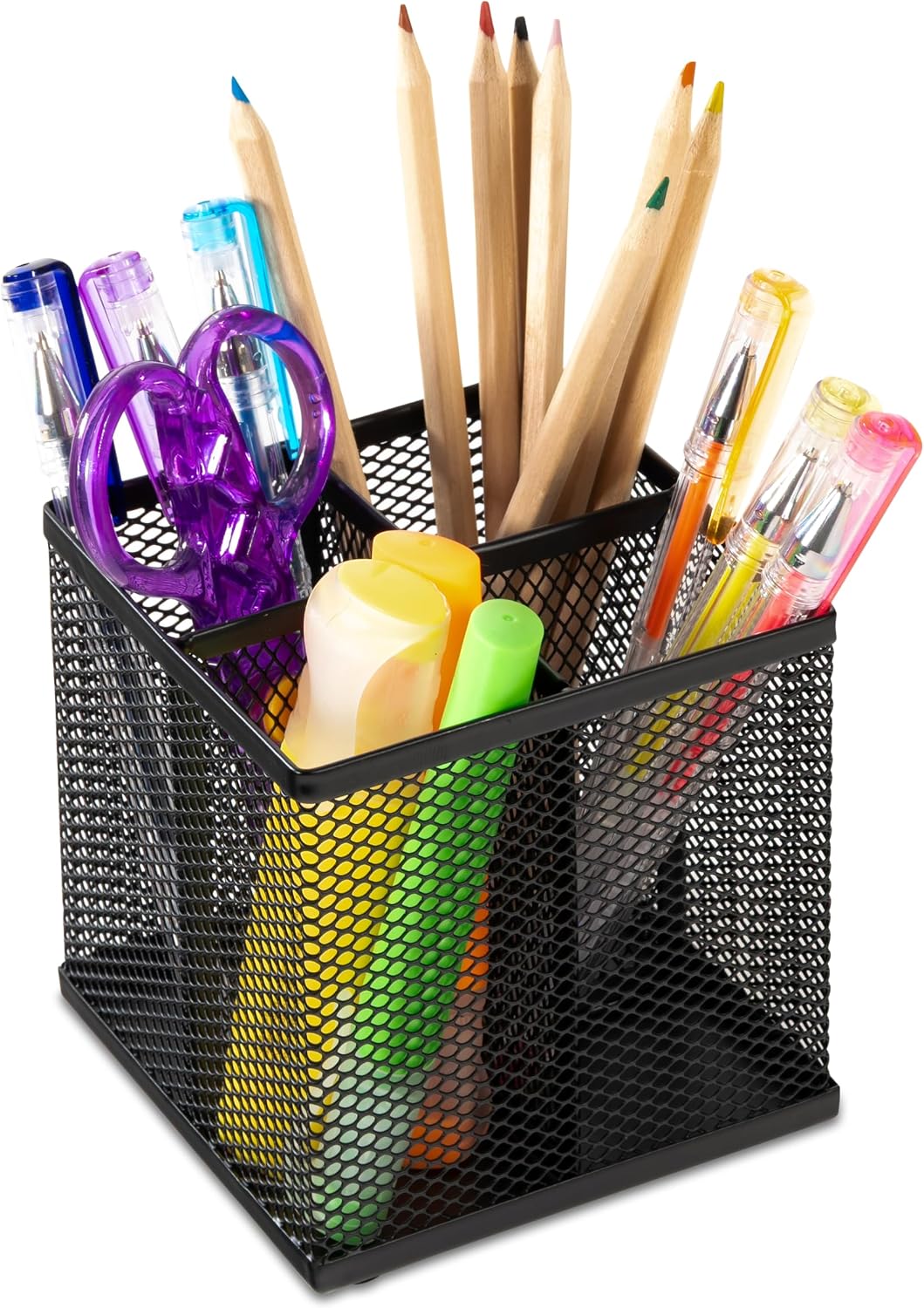 OSCO Wiremesh Square Pen Pot, 4-Section Pencil Holder, Desk Tidy and Office Organiser, Makeup Brush Holder and Cosmetics Display, Metal Mesh Organiser, H10.5 × W10 × D10 cm, Black