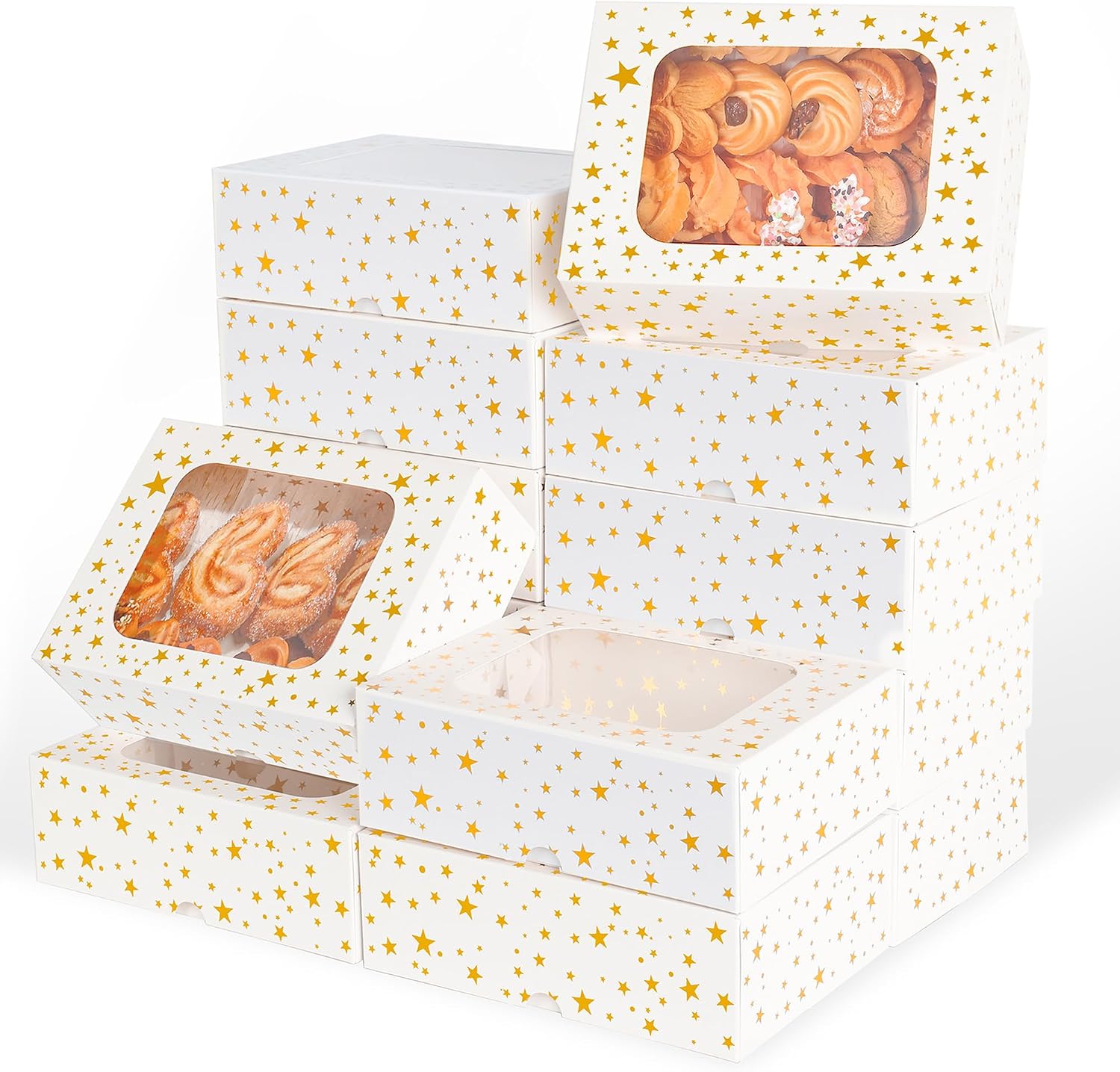 12pcs Cookie Boxes with Window, 8.25x6x2.75in White Treat Boxes with Window Gold Foil Star Bakery Cake Boxes for Christmas Gift Giving Pastry Dessert Cupcakes Candy Donut Packaging