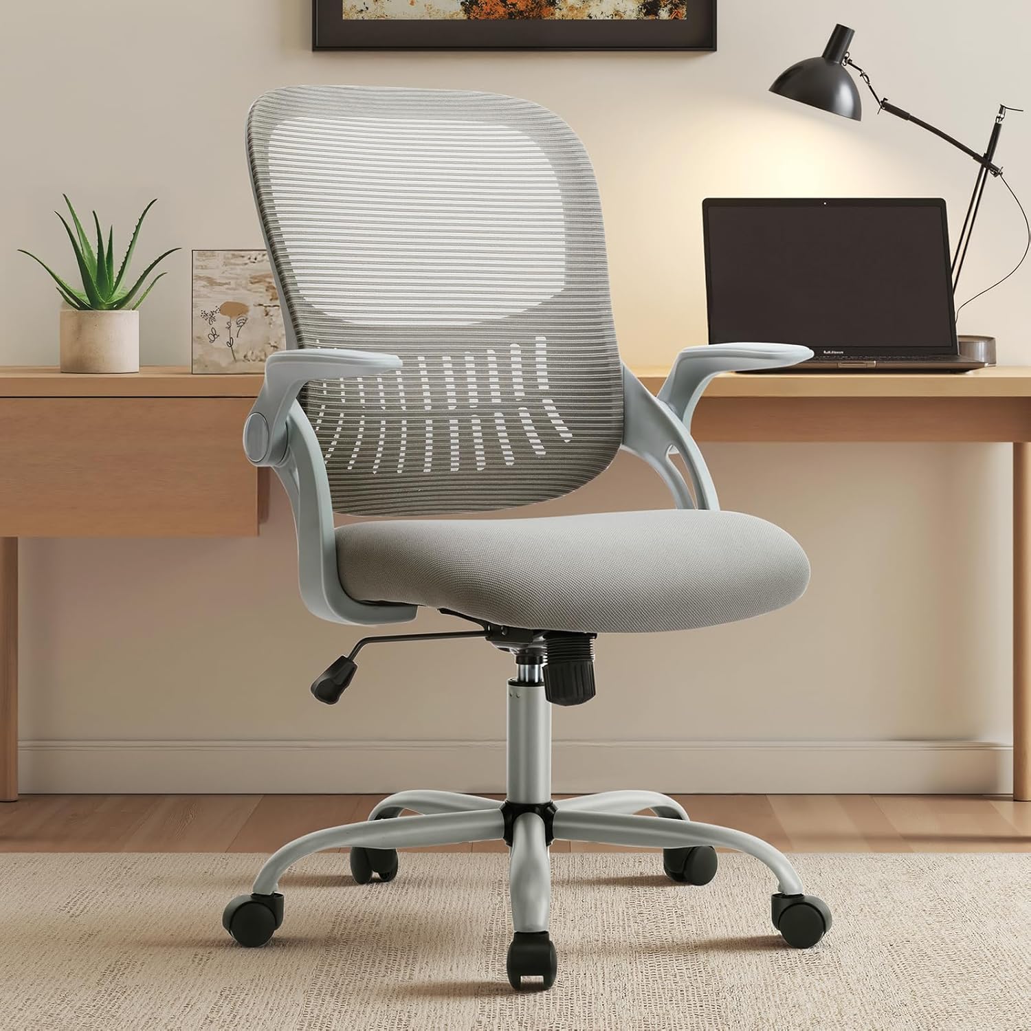 Sweetcrispy Ergonomic Office Desk Chair Mesh Adjustable Swivel Mid-Back Computer Chair with Lumbar Support Comfy Flip-up Arms for Home Office