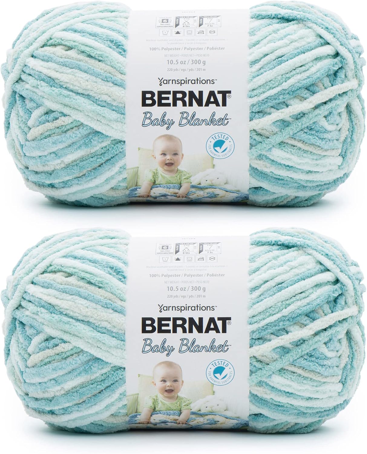 Bernat Baby Blanket Blue Green Yarn - 2 Pack of 300g/10.5oz - Polyester - 6 Super Bulky - 220 Yards - Knitting/Crochet