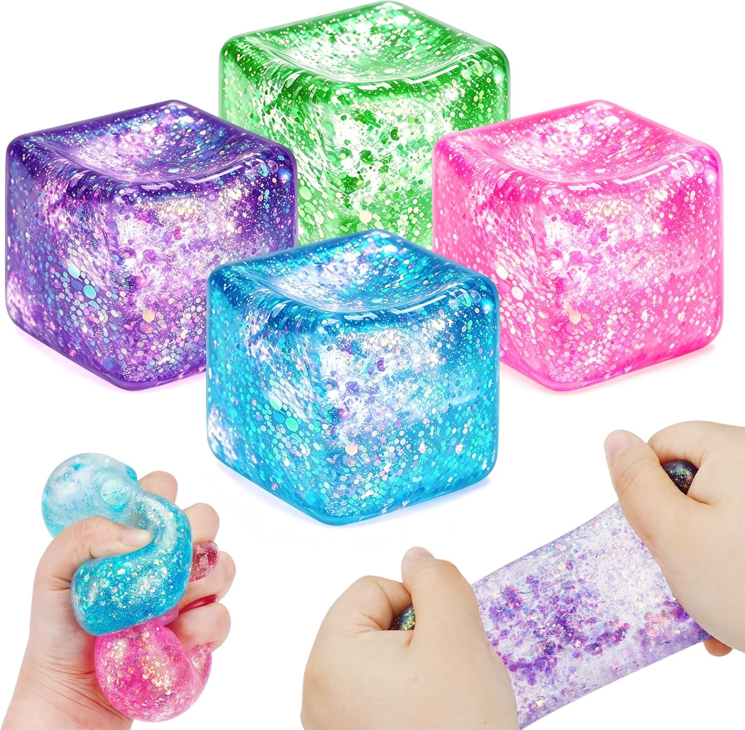 4 Pack Glitter Ice Cube Squishy Fidget Toys, Squishy Cube Stress Balls for Adults & Kids, Slow Rising Stress Relief Toys, Squeeze Ball Filled with Thick Substance and Glitter