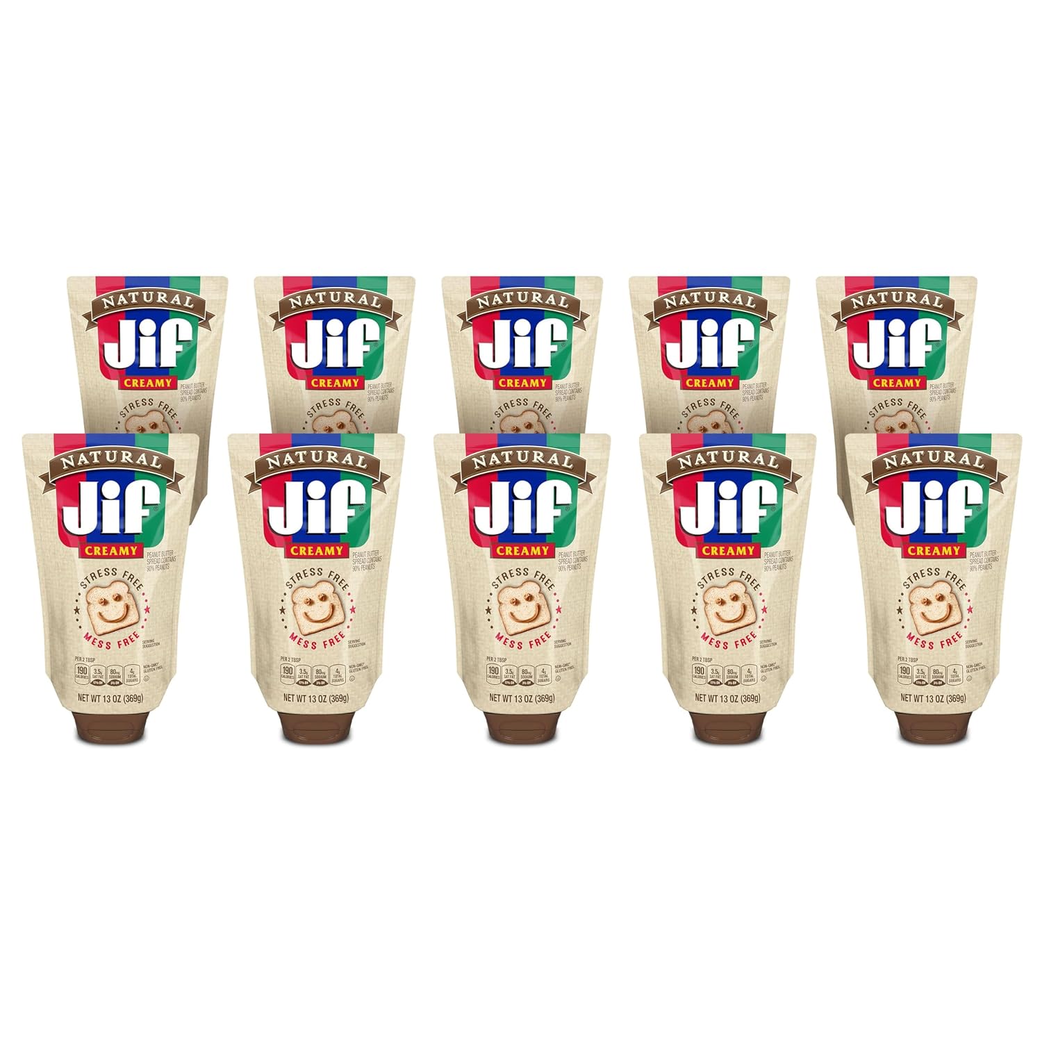 Jif Natural Squeeze Creamy Peanut Butter Spread, 10 Pouches