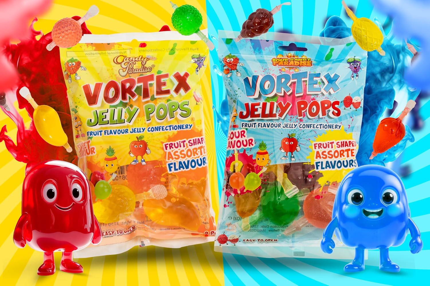 Candy Paradise Halal Sour Vortex Jelly Pops 315g and Vortex - Fruits - TikTok Jelly - Fruity Pops - Ice pops Bundle (1 Sour + 1 Regular)