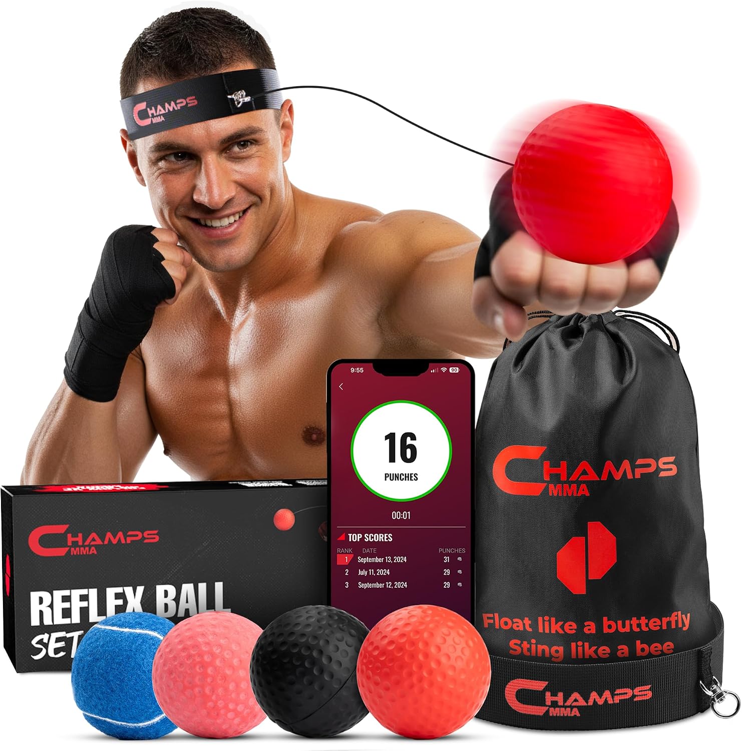 Boxing Reflex Ball Set of 4 with App– Boxing Ball MMA Gear of with Varying Weights with Headband and 4 Spare Strings to Improve Speed, Hand-Eye Coordination for Men And Kids Gift