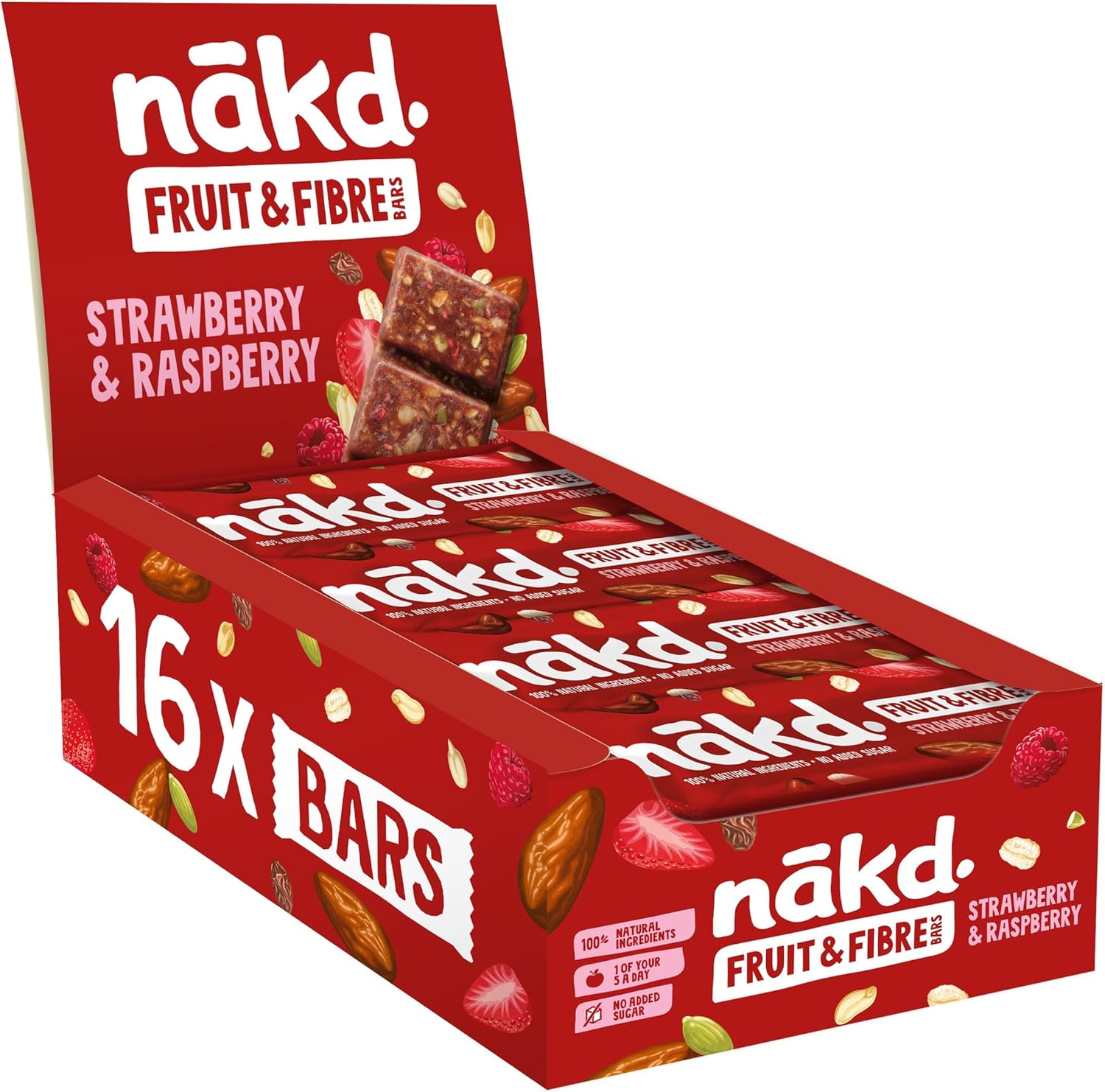 Nakd Strawberry & Raspberry Fruit & Fibre Bar - Vegan - Gluten Free - Healthy Snack, 44g (Pack of 16 bars)