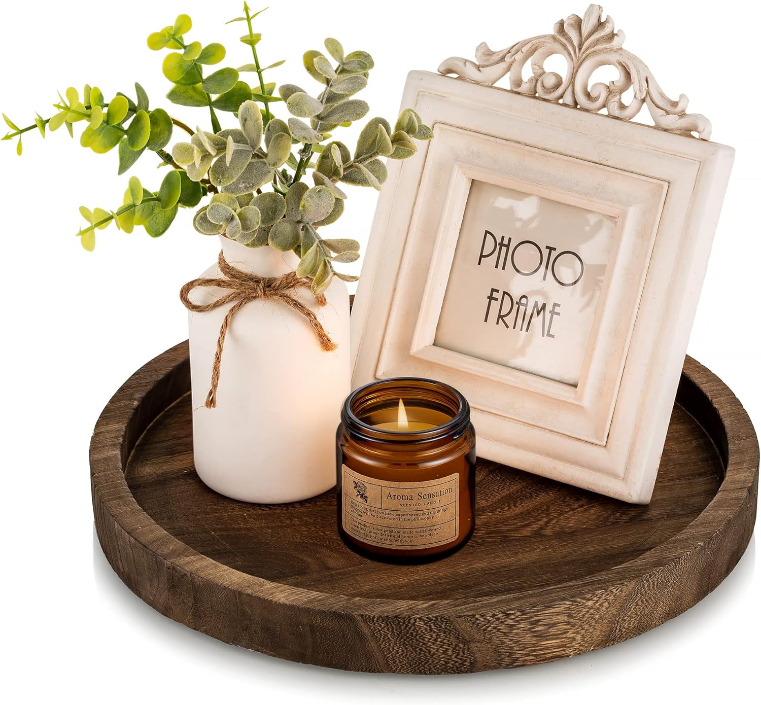 Hanobe Round Wood Candle Tray: Rustic Wooden Candle Holder Distressed Pillar Stand Farmhouse Tea Light Plate Base for Living Room Coffee Table Centerpiece for Kitchen Counter Bathroom Home Decor,11.8"