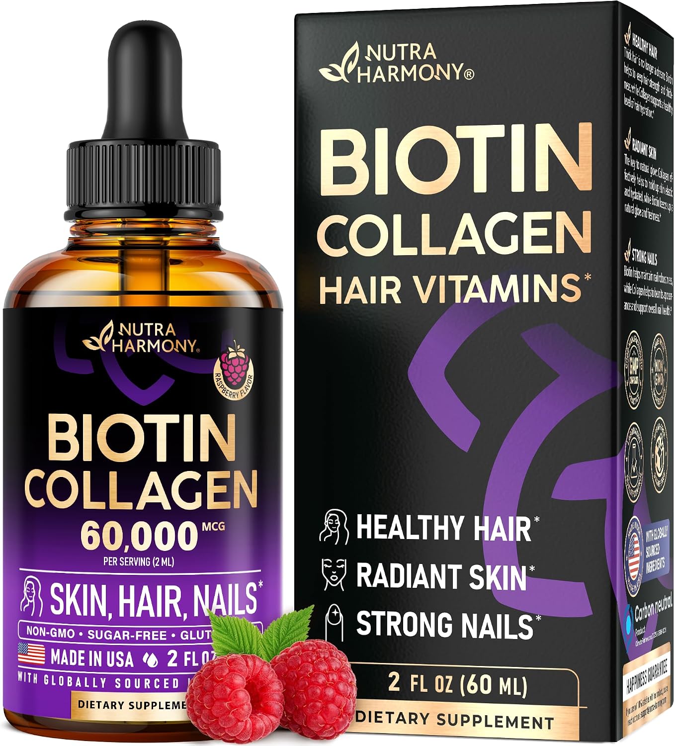 Liquid Biotin & Collagen - Vitamins for Hair Growth Support for Women & Men - Extra Strength 60000 mcg Drops - B7 Supplement - Strong Nails & Healthy Skin - 98% Faster Absorption Than Pills