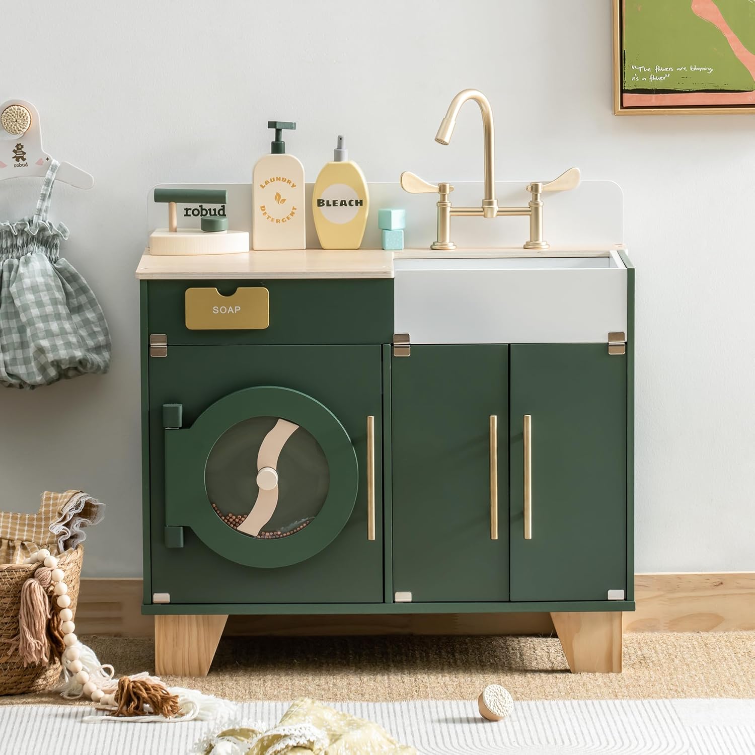 ROBUD Toy Washing Machine Play Kitchen Playset, Wooden Pretend Laundry Sink Unit with Faucet, Storage Cabinet with Sound/Iron, Realistic Wooden Toys Kids Kitchen for Toddlers Age 3-8
