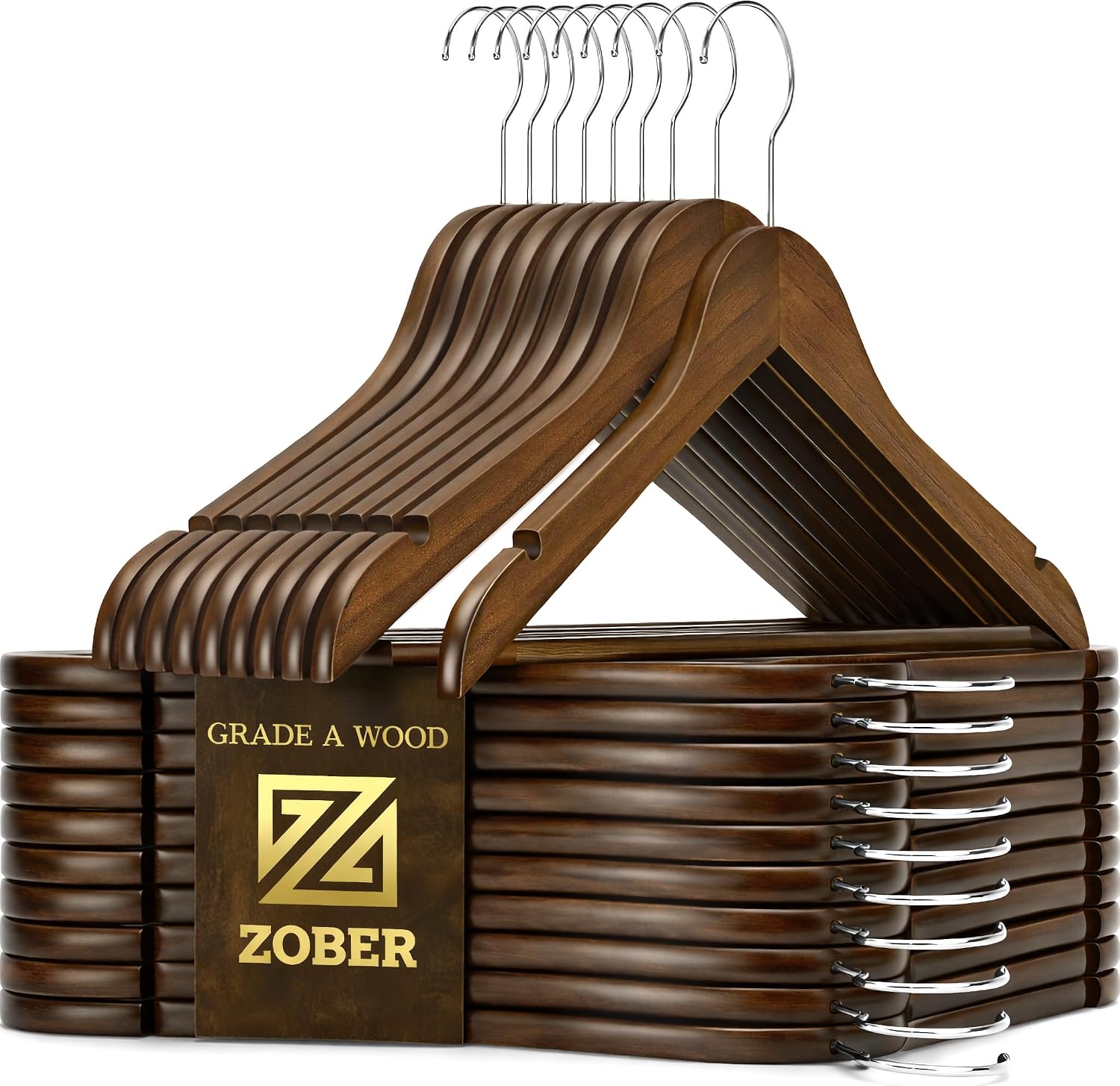 Zober Wooden Hangers 20 Pack, Heavy Duty Clothes Hangers, Non Slip, Vintage | Dark wood hangers, non-slip pants bar for suits, heavy duty hangers, coat hanger for jackets, hangers wood, hangers wooden