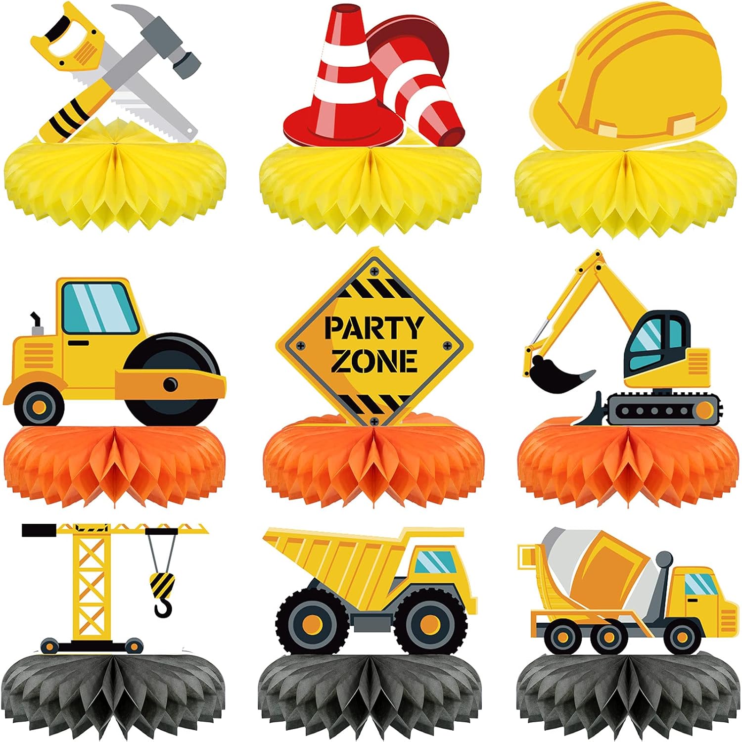Threan 9 Pieces Construction Party Centerpieces Honeycomb Car Truck Zone Centerpieces 3D Table decorations for Baby Shower Birthday Party favors Supplies