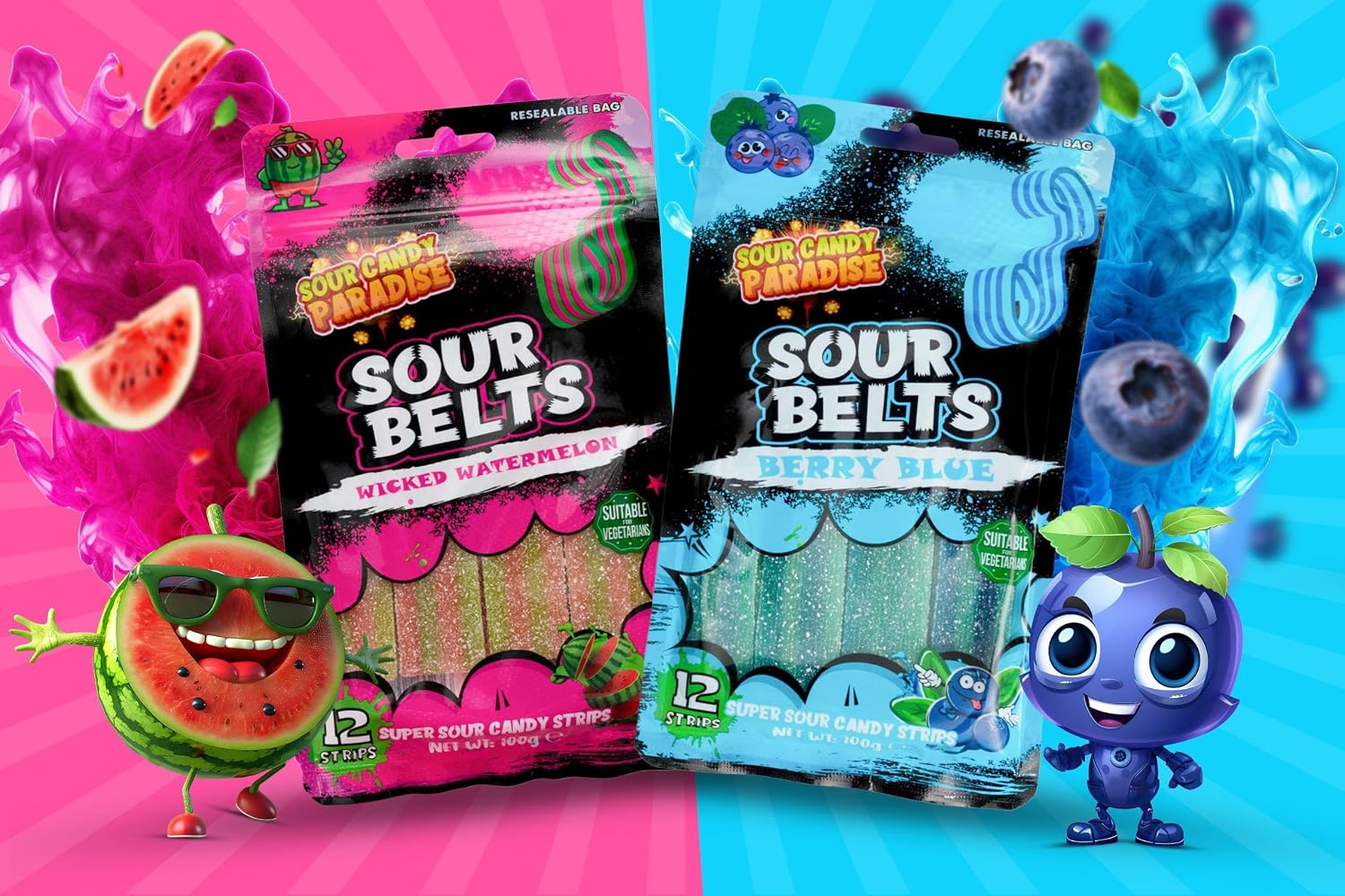 Candy Paradise Sour Candy Paradise Sour Belts Super Sour Candy Strips 12 Strips 100g (Pack of 1 (Each), Watermelon & Blueberry)