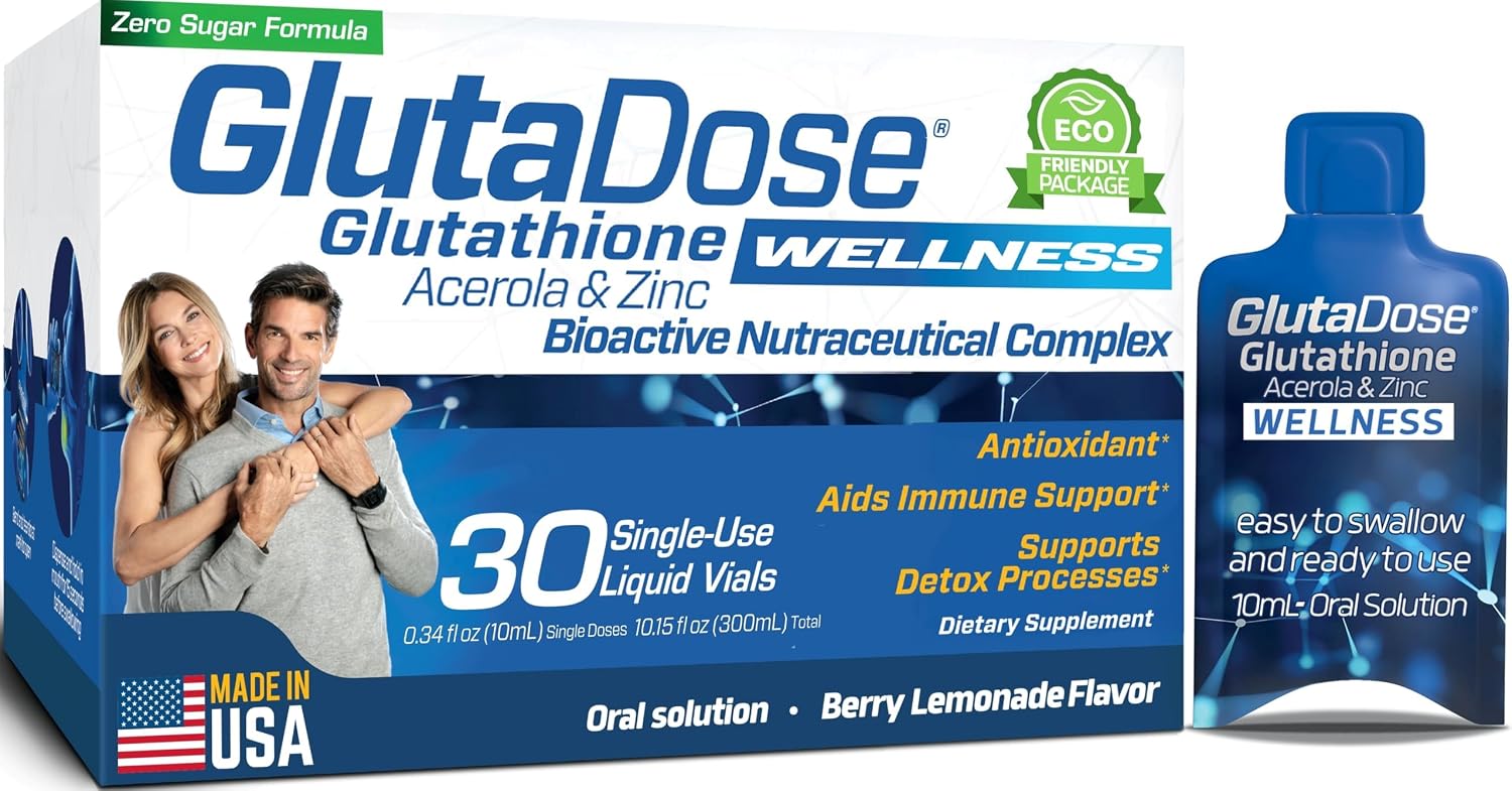 Liquid Glutathione Supplement, Lemon Berry Flavored Acerola Energy Booster w/Zinc, Daily Vitamins & Minerals, Zero Sugar Formulation, Everyday Auto-Immune Support for Adults, 0.34 fl oz, Pack of 30
