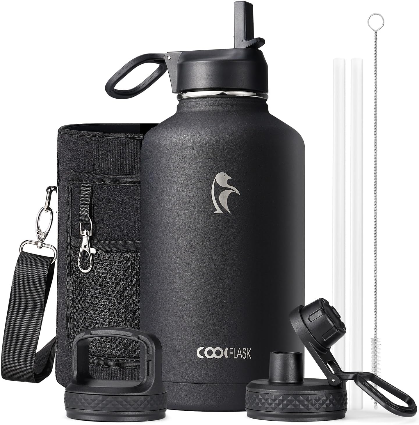Coolflask Half Gallon Water Bottle Insulated with Straw & 3 Leakproof Lids | 64 oz Large Water Jug Stainless Steel Triple-Wall, Cold 48+h/Hot 24+h Dishwasher Safe, BPA-Free, for Sports Gym & Hiking