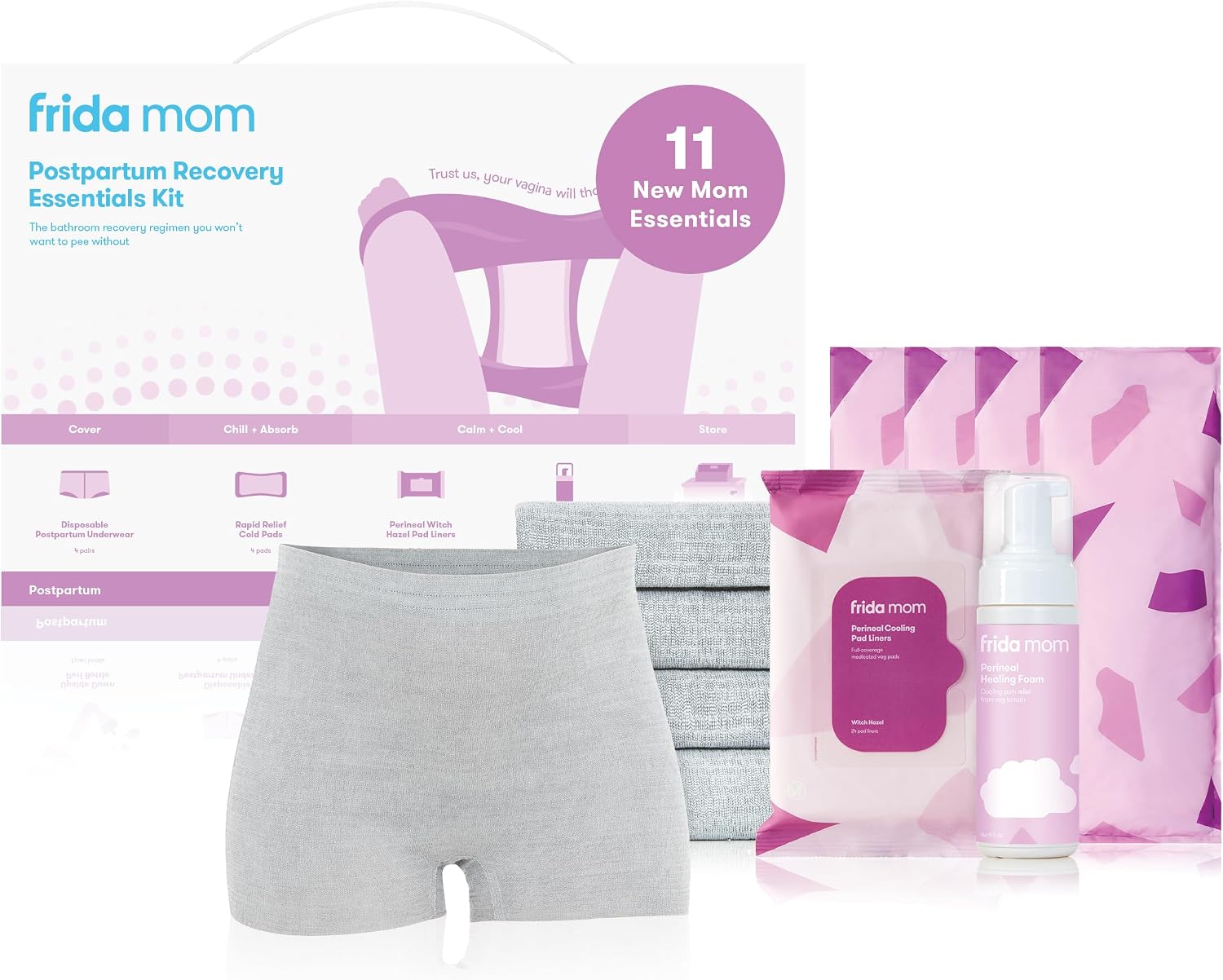Frida Mom Postpartum Recovery Essentials Kit, Ideal Gift for New Mums, Includes Cooling Pad Liners, Ice Maxi Pads, Disposable Knickers, Perineal Healing Foam, 11pc set
