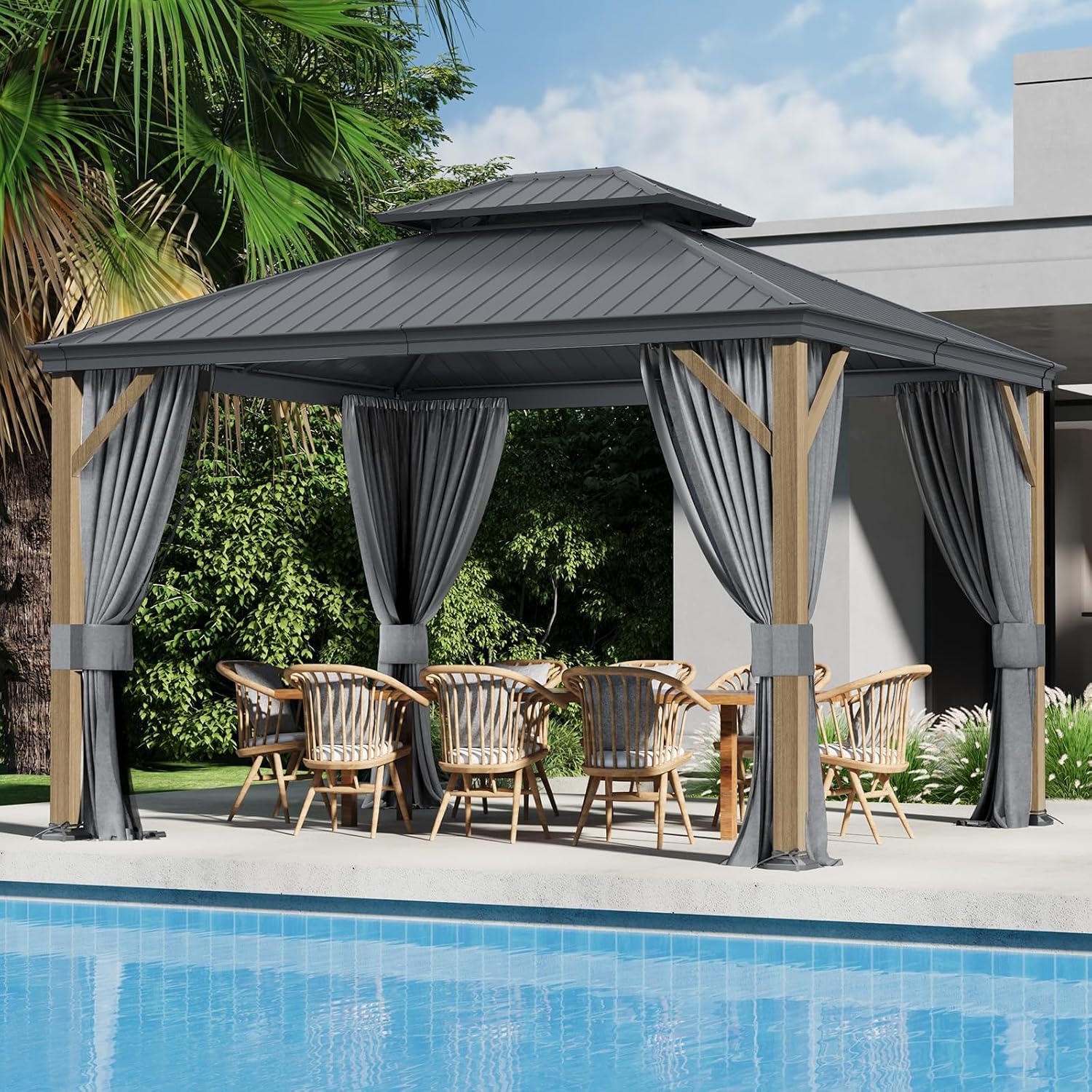 10x12 Ft Hardtop Gazebo, Heavy Duty Aluminum Metal Frame Permanent Pavilion, Outdoor Double Roof Canopy, Curtain and Netting Included, Pergola for Patio, Garden, Backyard, Lawn