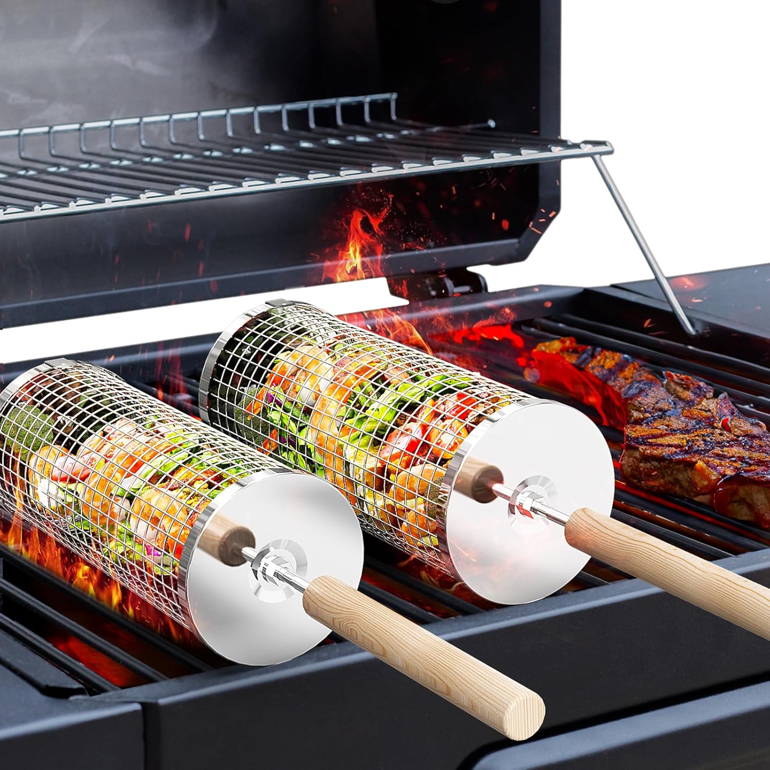 Rolling Grill Baskets (2PCS), Removable Wooden Handle, 304 Stainless Steel, Nesting Grilling Net, BBQ Accessories Tools for Vegetable Shrimp, Outdoor Cooking Camping, Birthday Gifts for Men Dad Husband