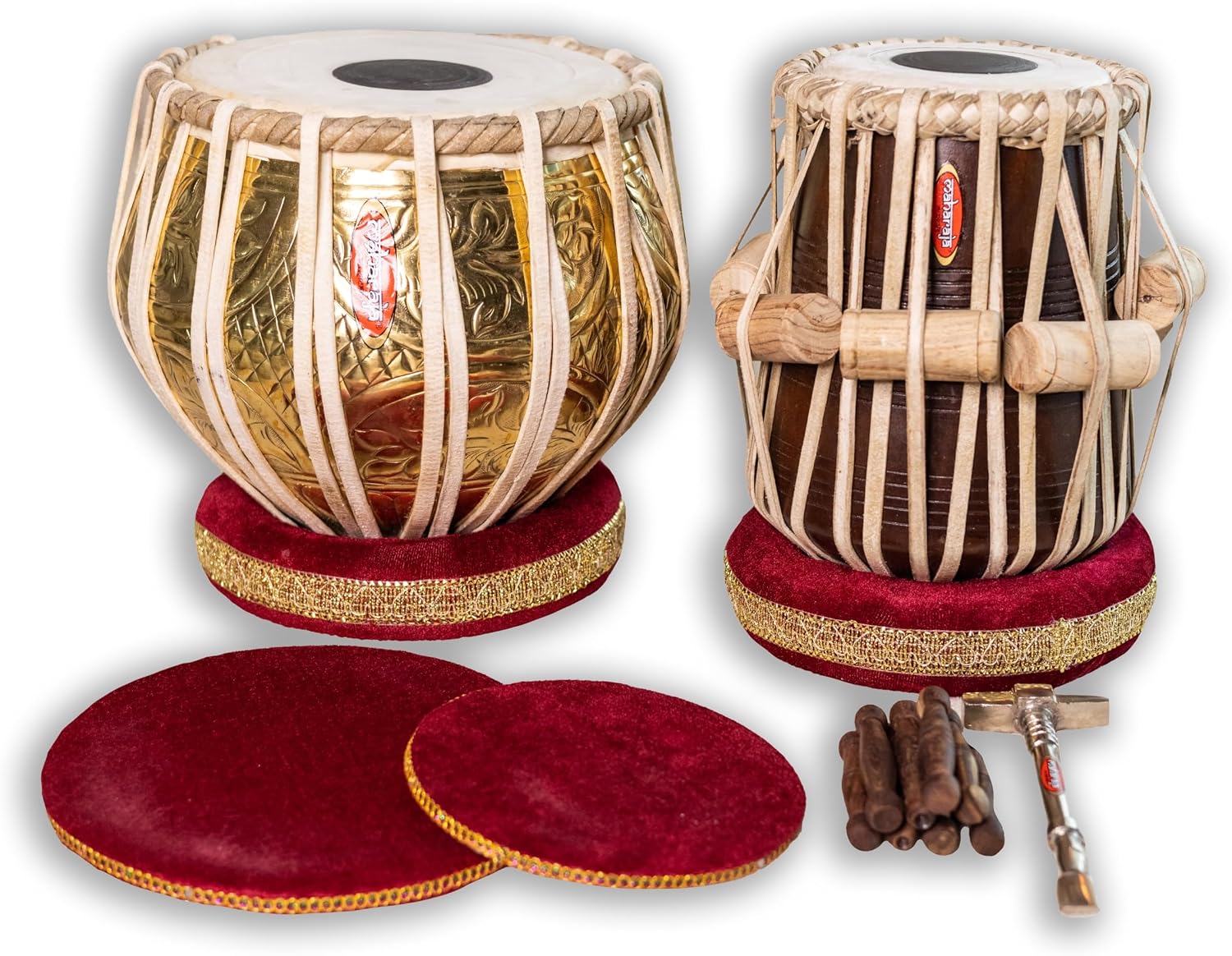 Maharaja Musicals Tabla Drum Set, 3.5 Kilogram Designer Golden Brass Bayan, Finest Sheesham Dayan, Padded Bag, Book, Hammer, Cushions, Covers, Tablas Tabla Drums (PDI-FG)