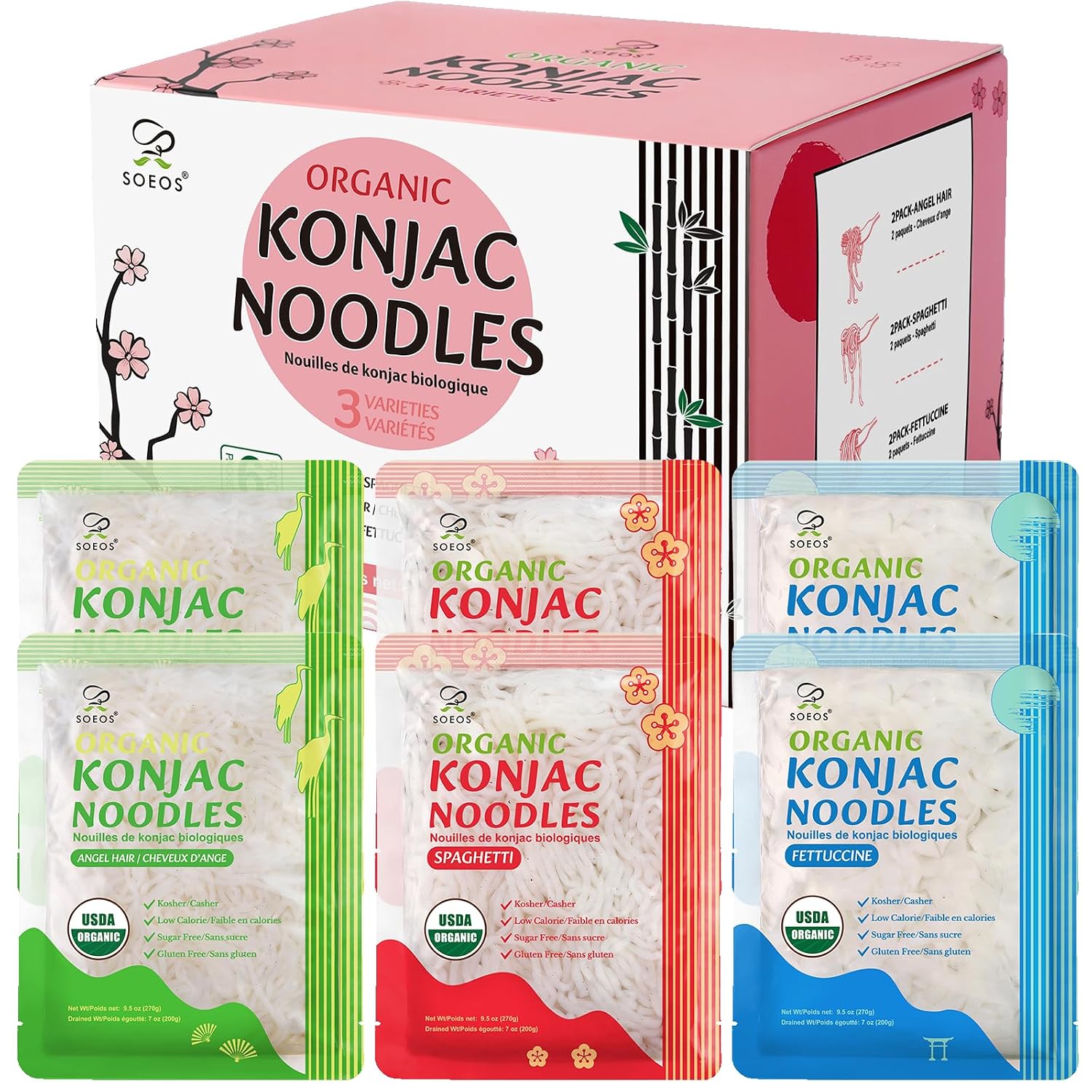 Soeos Organic Konjac Noodles, Shirataki Noodle, 9.5oz*6 Packs, 3 Variety