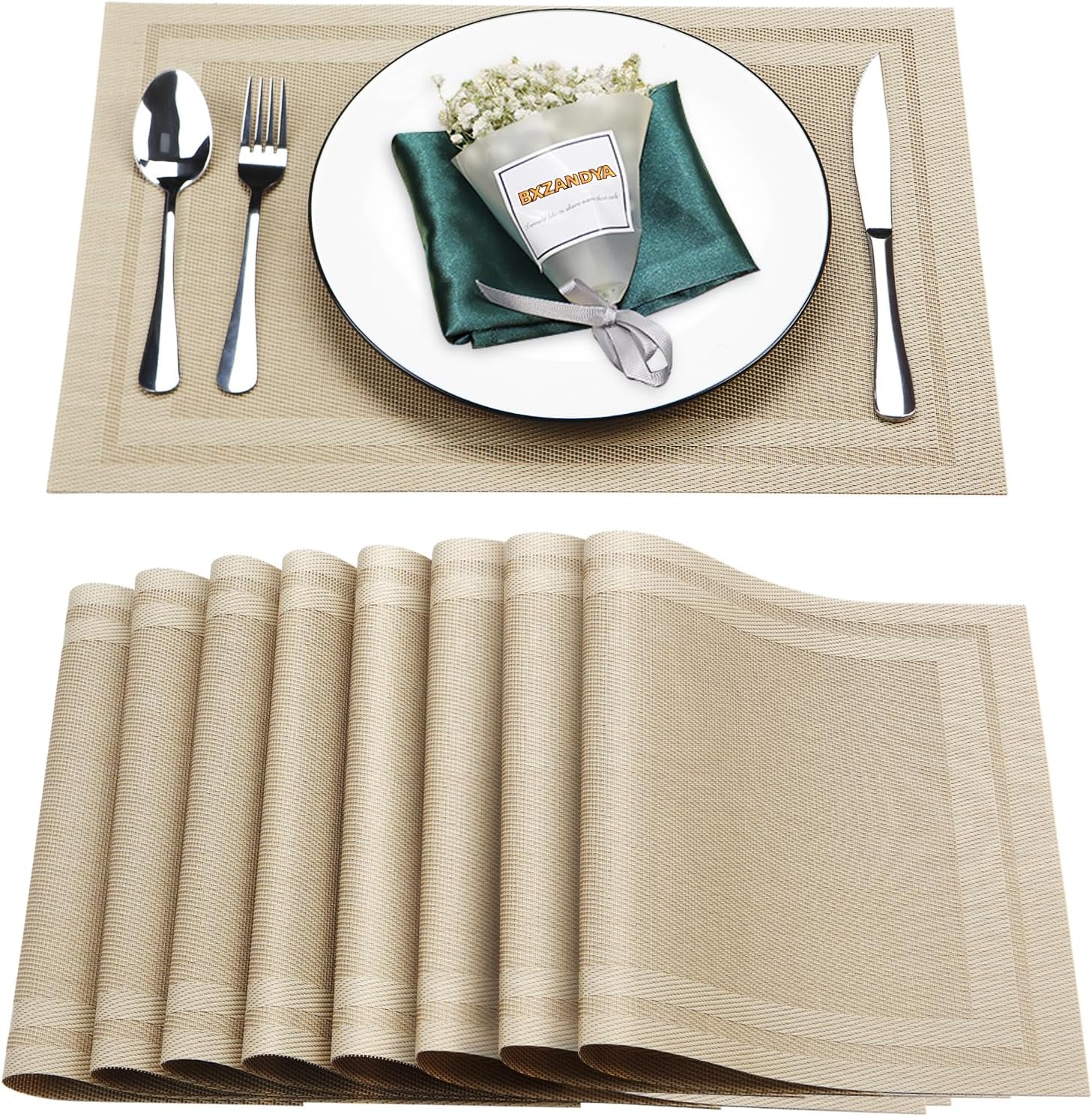 Placemats Set of 8,Washable,Heat and Stain Resistant Indoor/Outdoor Place mats, Vinyl Woven Non Slip Table Mats for Restaurant Table Protection, PVC Table Placemats.(Beige, 8PCS)