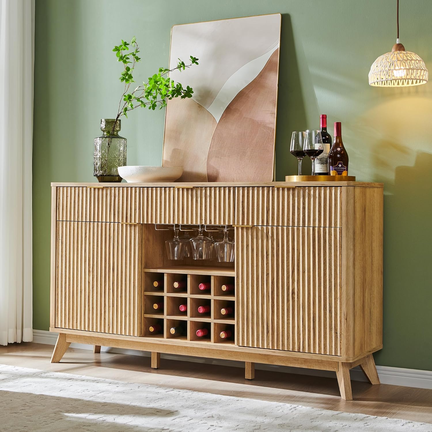 OKD Fluted Wine Bar Cabinet for Liquor, 60" Modern Coffee Bar Cabinet w/Wine & Glass Rack, Large Buffet Sideboard w/ 3 Storage Drawers & Adjustable Shelves for Home, Dining Room, Kitchen, Natural Oak