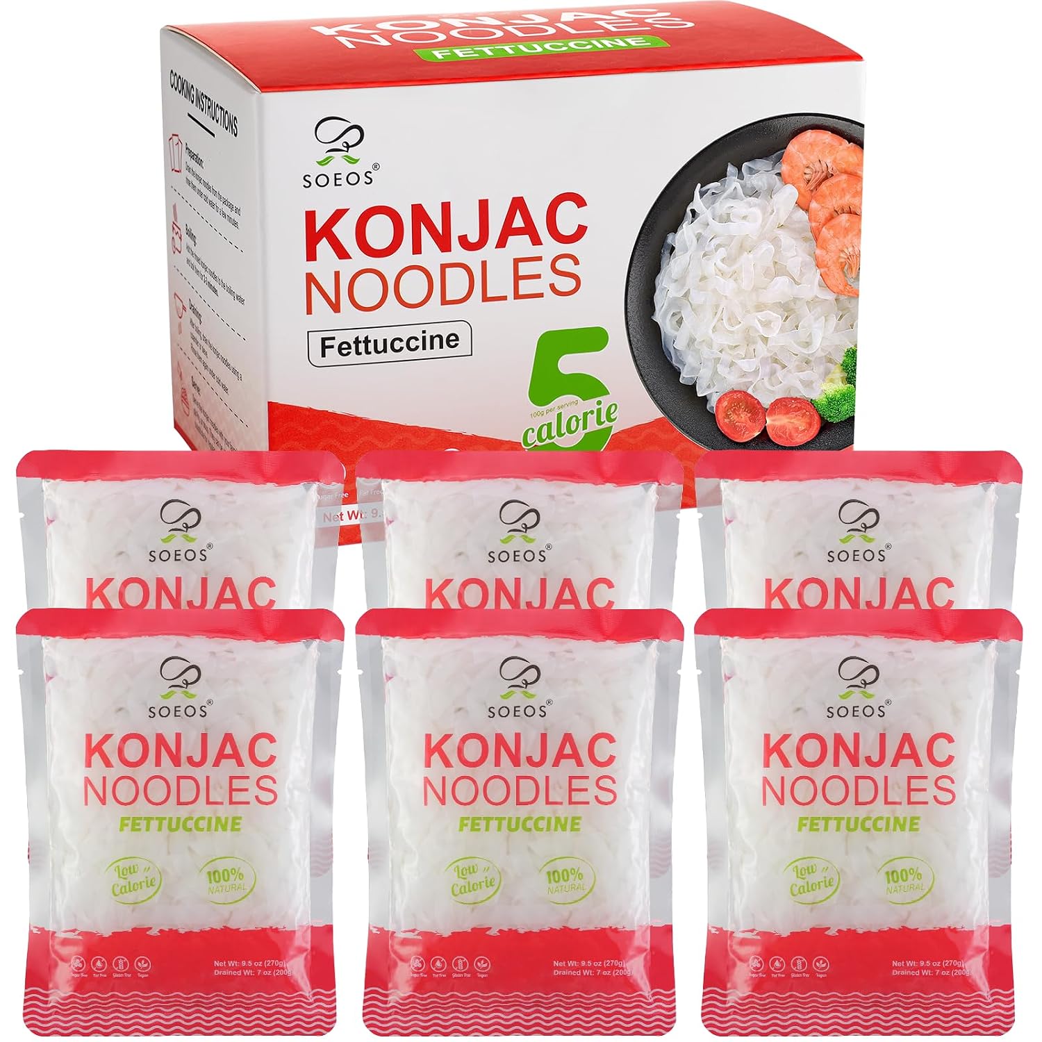 Soeos Konjac Noodles, Fettuccine Pasta, 9.5oz (270g)*6, Shirataki Noodle