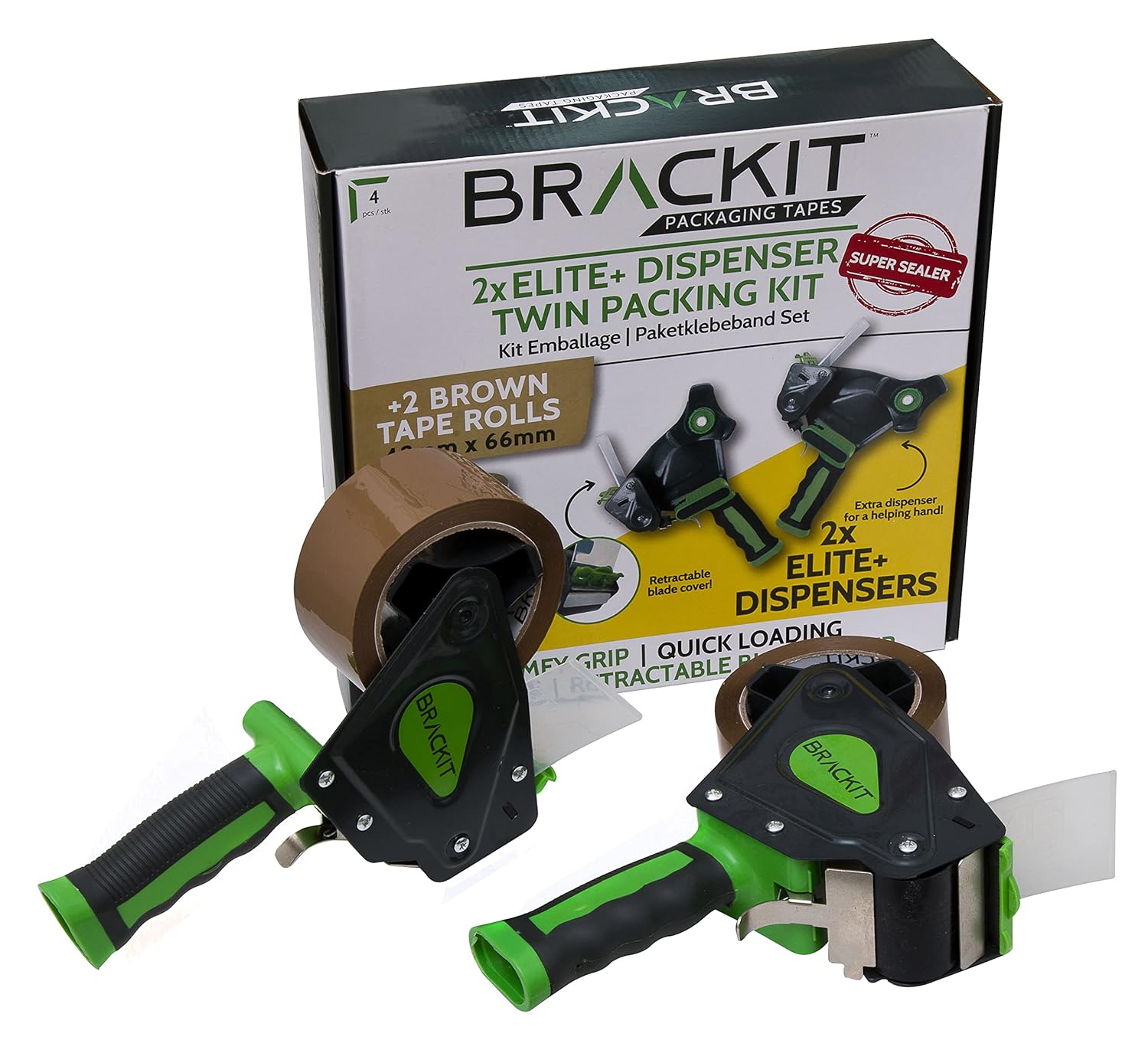 Brackit Packaging Tape Set - 2 Brown Tapes with 2 Dispensers - 48mm x 66m - 2 Roll Pack – Strong Heavy Duty Tape for General Use or Moving Home – Easily Seal Your Parcels and Boxes