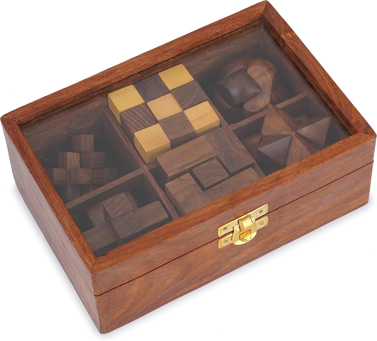 Ajuny Wooden Puzzle Games Box Set 6 in 1 Brain Teasers for Adults Teens | with Glass Lid Storage Box Six Interlocking 3D Brain Teasers IQ Test Games Handcrafted Logic Play Birthdays and Puzzle Gifts