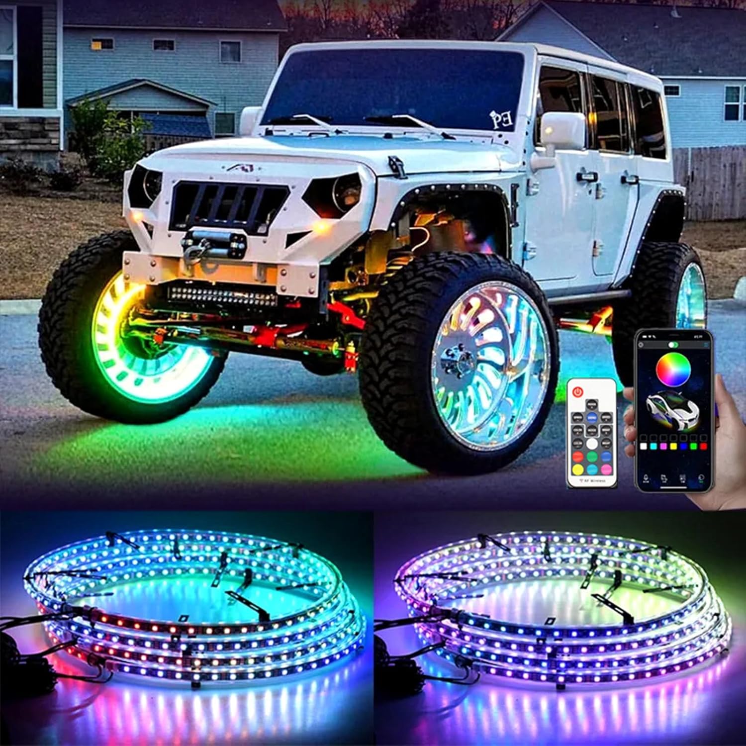 Wheel Lights for Truck, Double-Sided Glowing Ring Light Kits RGB LED Strip Tire Lights with Turn & Braking Signal for Car Pickup SUV Hub Controlled by Remote and APP (4PCS, 17inch)