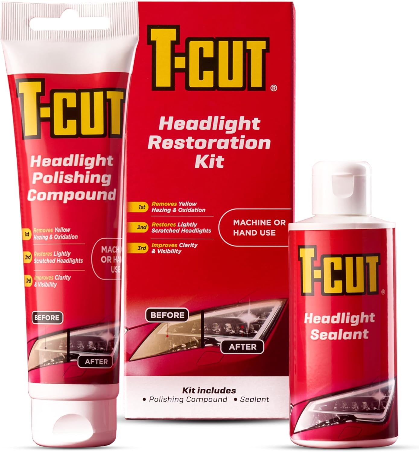 T-Cut Headlight Restoration Kit – Contains Headlight Polishing Compound & Sealant - Restores Light Scratches & Improves Clarity & Visibility