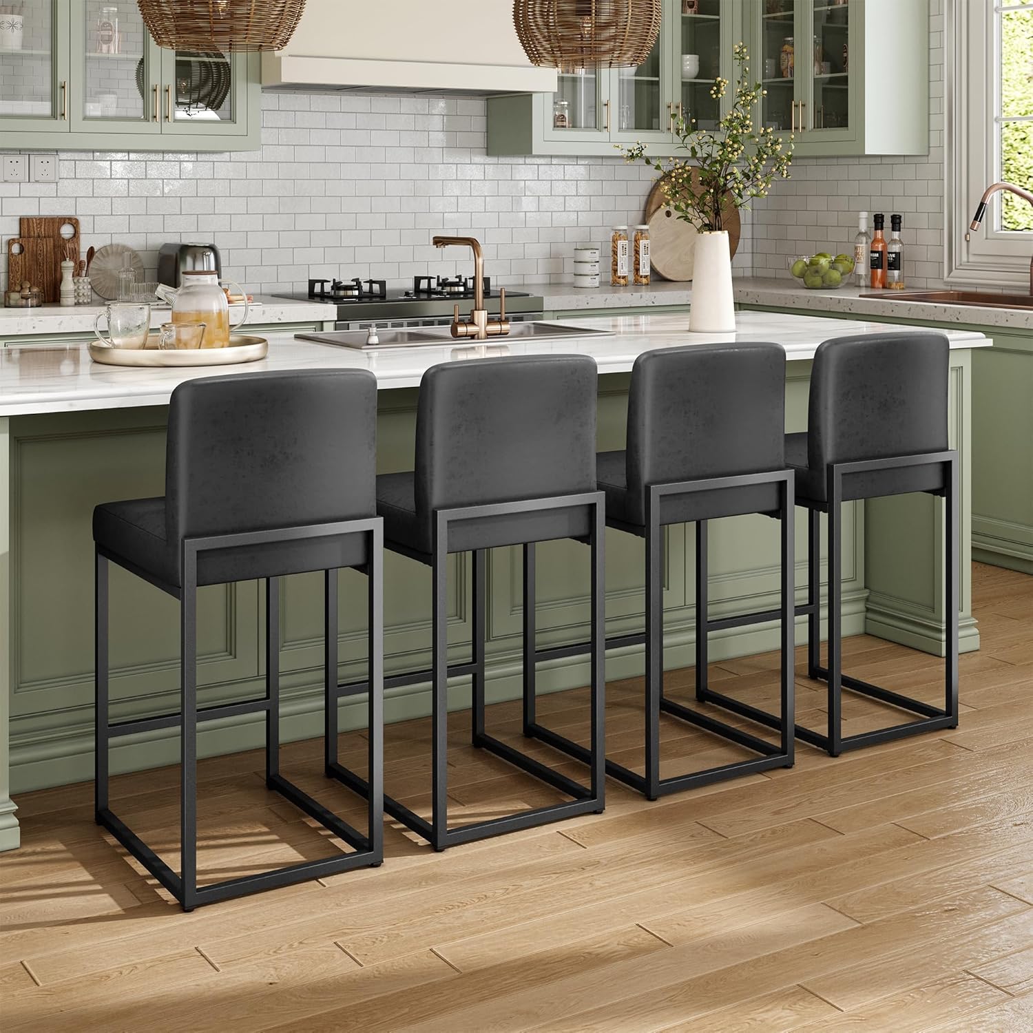 MAISON ARTS Faux Leather Bar Stools Set of 4, 24 Inch Counter Height Barstools with Back, Metal Frame & Footrest, Modern Upholstered Bar Chairs for Kitchen Island Home Bar, Black