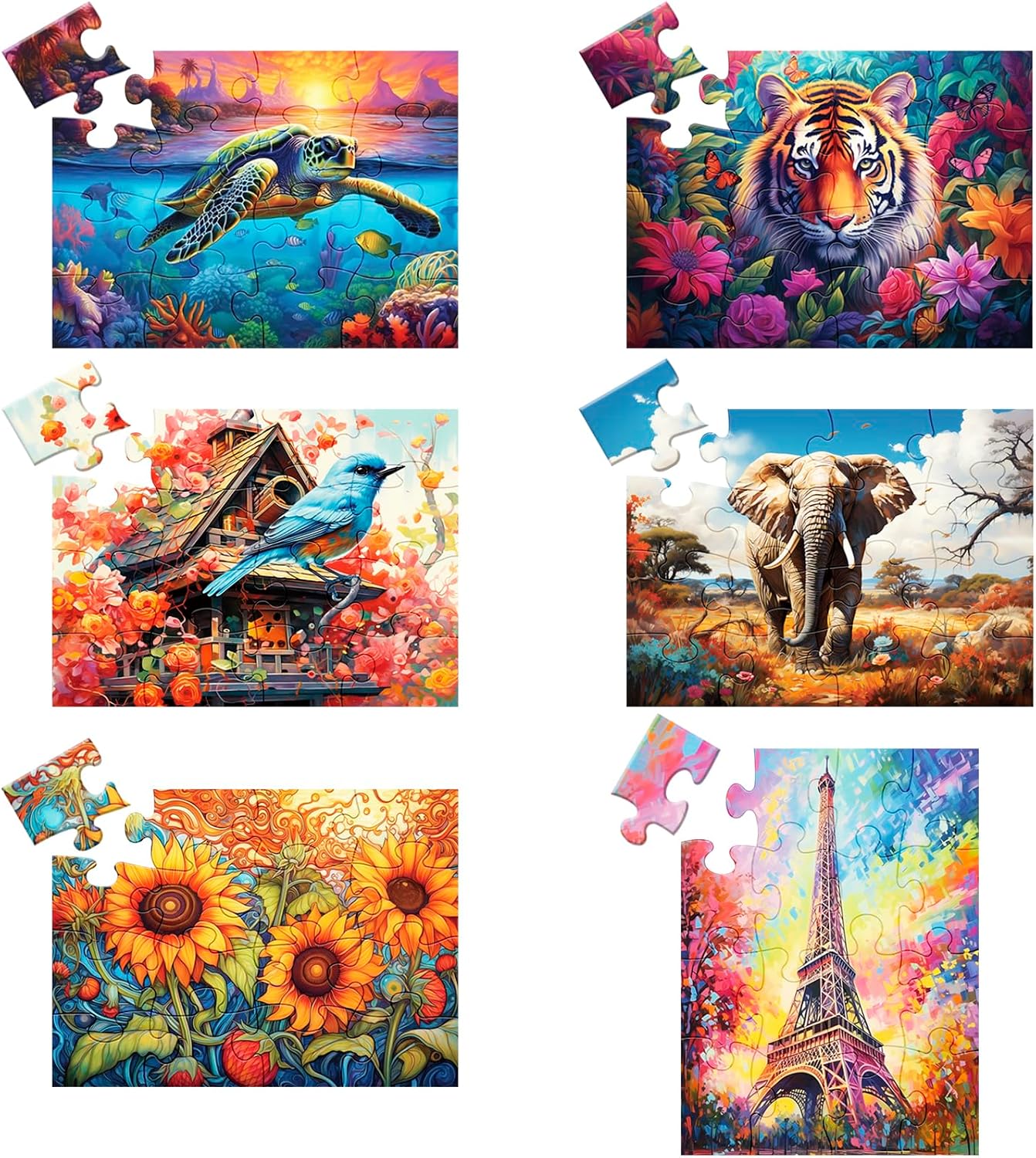6 Pack 16 Large Piece Puzzles for Seniors Dolphin Tower Dementia Puzzles | Tiger Elephant Jigsaw Puzzle Alzheimer's Products and Activities Elderly Adults Cognitive Game Gift for Patients