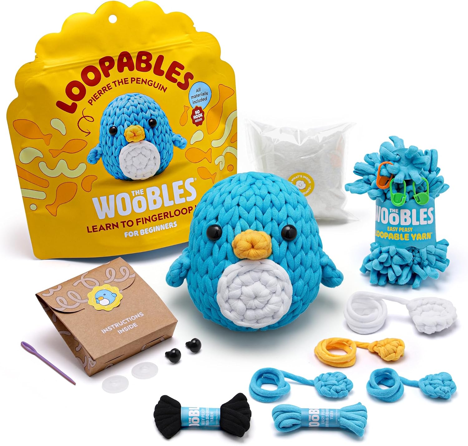 The Woobles Loopables Crochet Kit for Beginners (Pierre the Penguin) | As seen on Shark Tank, No crochet hook needed, fingerloop premade loops: Easy Peasy Loopable Yarn, pre-started piece