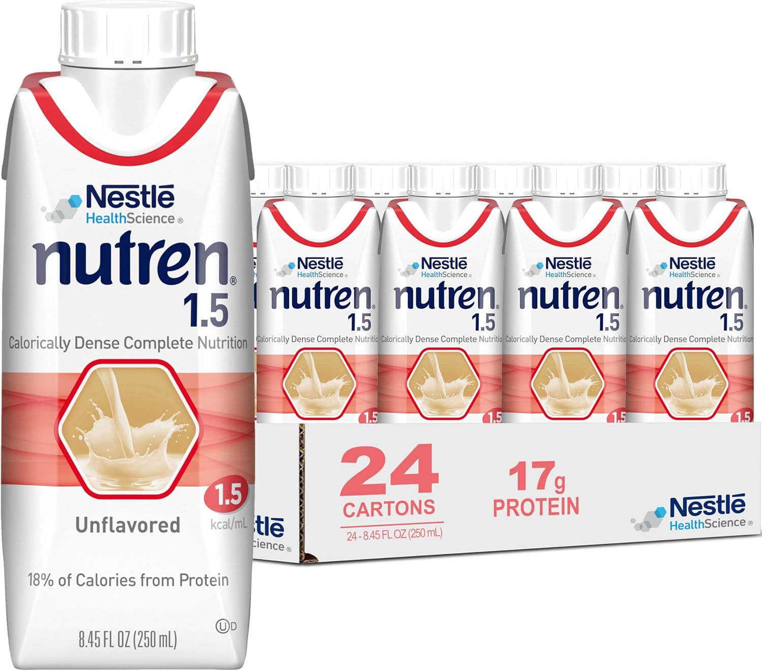 Nestle Nutren 1.5 Tube Feeding Formula, Unflavored, 250 ml, 24 Count, Meal Replacement Beverage