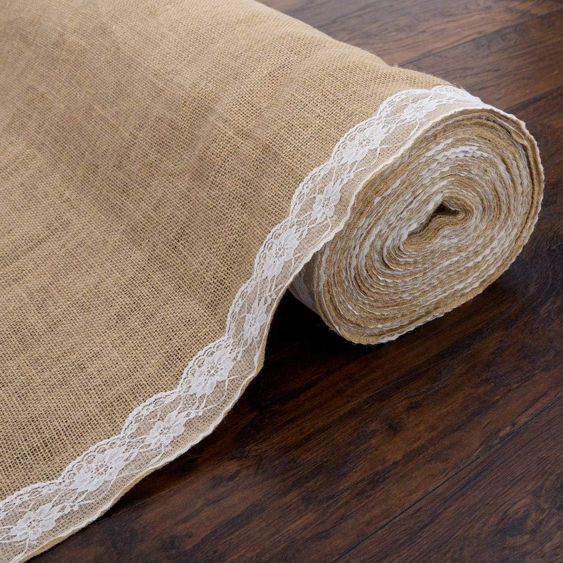 AK TRADING CO. 40" Wide Natural Burlap Wedding Aisle Runner with Ivory Lace - 40" Wide x 50 feet Long