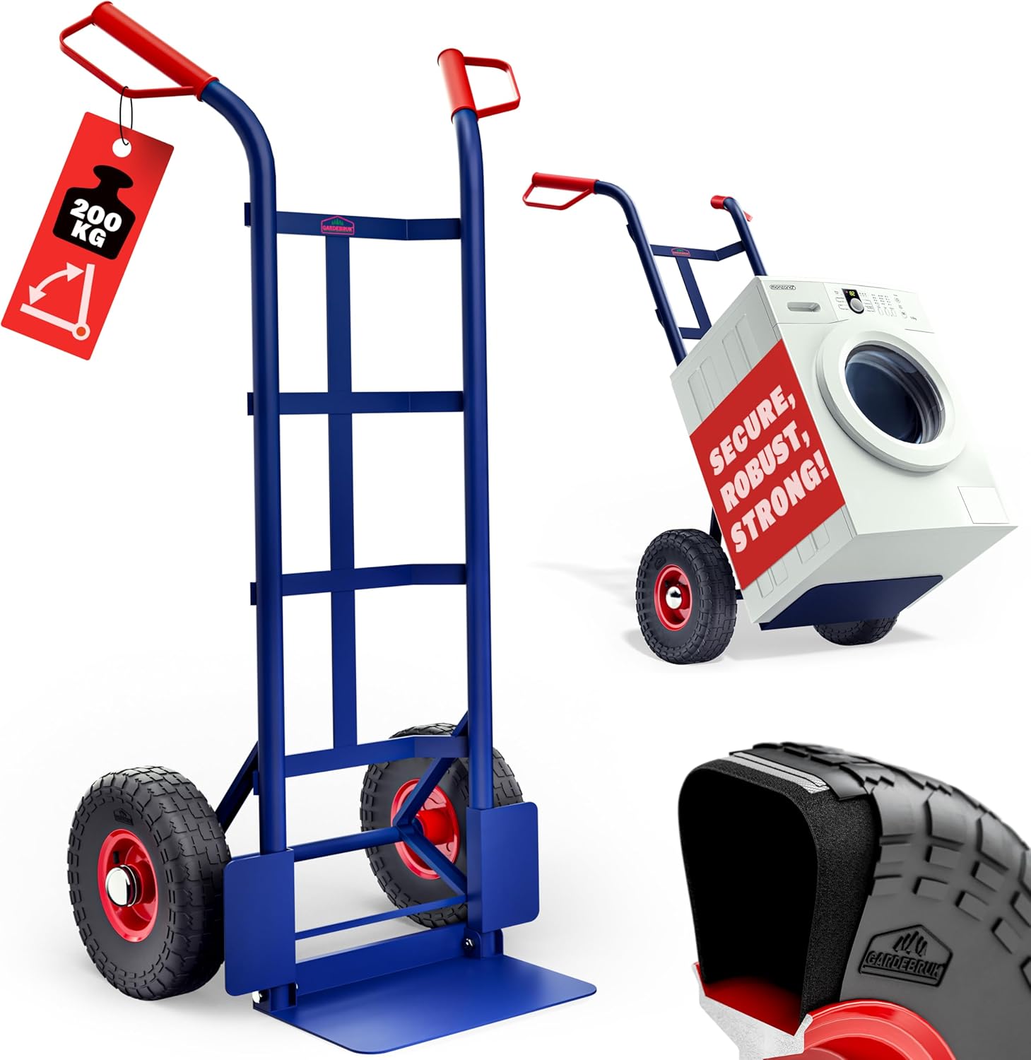 GARDEBRUK® Foldable Sack Barrow | Hand Truck Trolley | Heavy Duty Steel | Load up to 200 kg | Dolly Cart | Industrial Wheels | Stair Climber | Lightweight Multi Purpose Tool | Blue