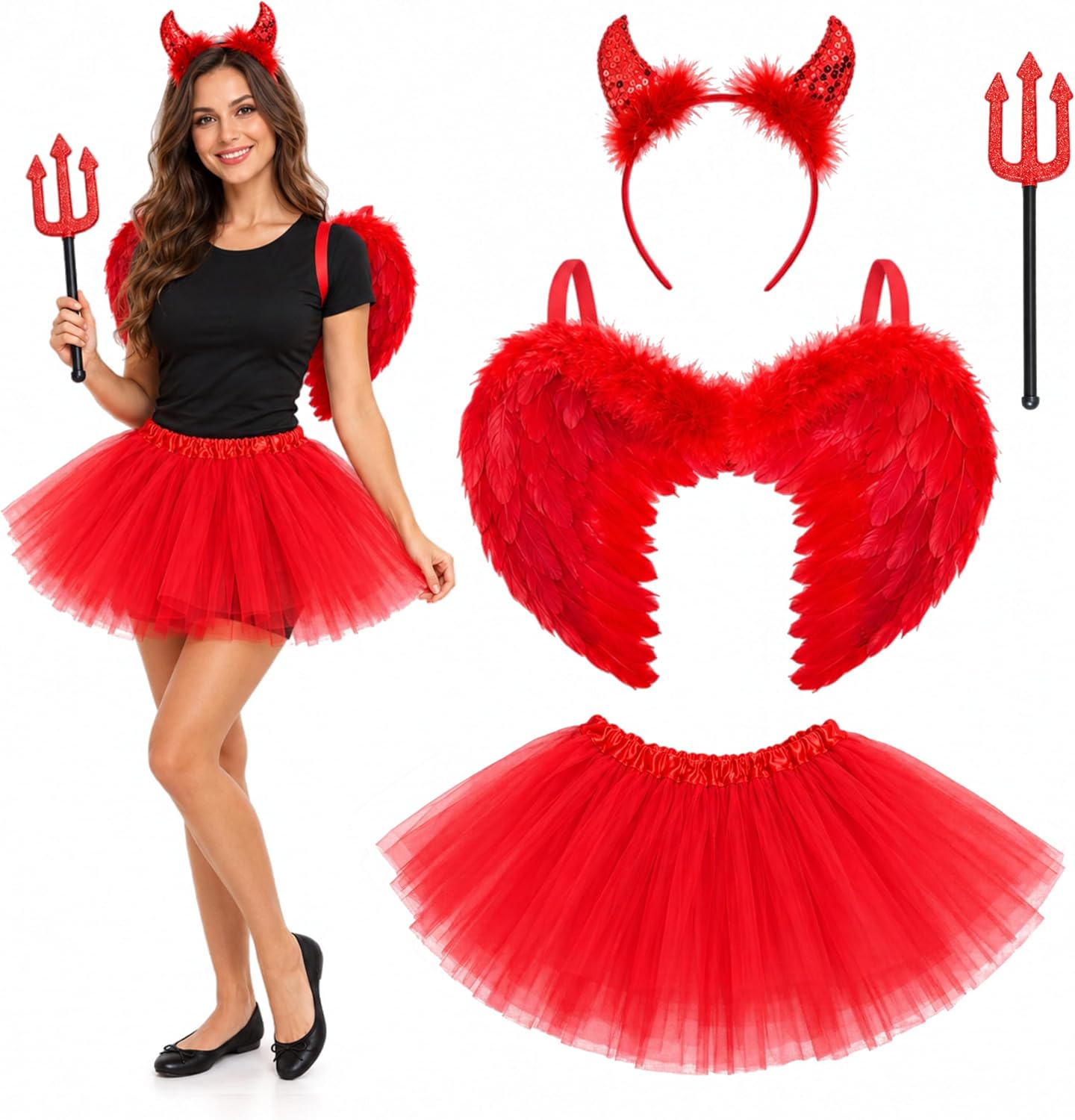 4pc Red Devil Costume Women - Wings, Horns, Tutu & Fork Halloween Costume